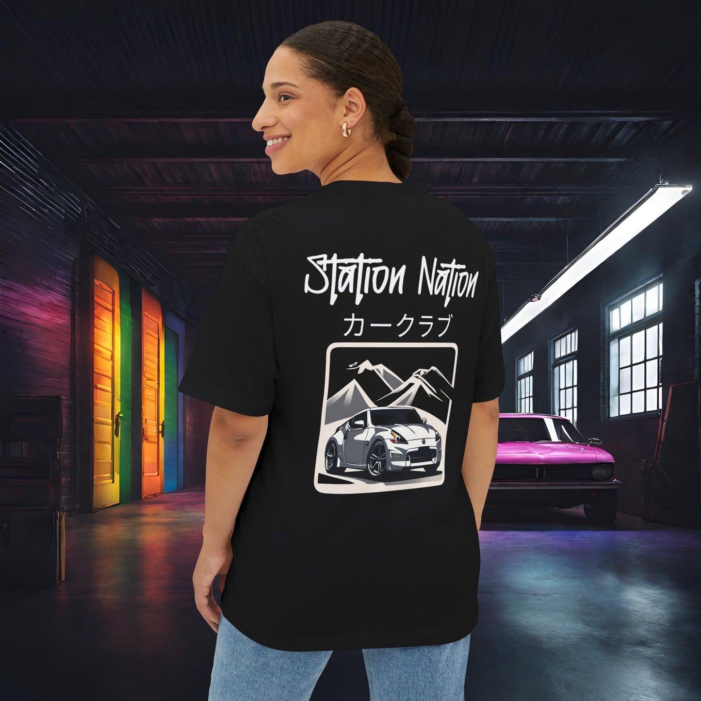 Station Nation-Premium, Ultra Soft Unisex Oversized Boxy Tee Black Printify by The Night Shift Automotive Apparel