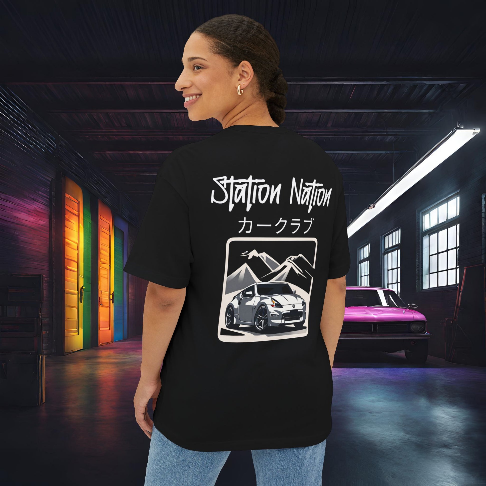 Station Nation-Premium, Ultra Soft Unisex Oversized Boxy Tee Black Printify by The Night Shift Automotive Apparel