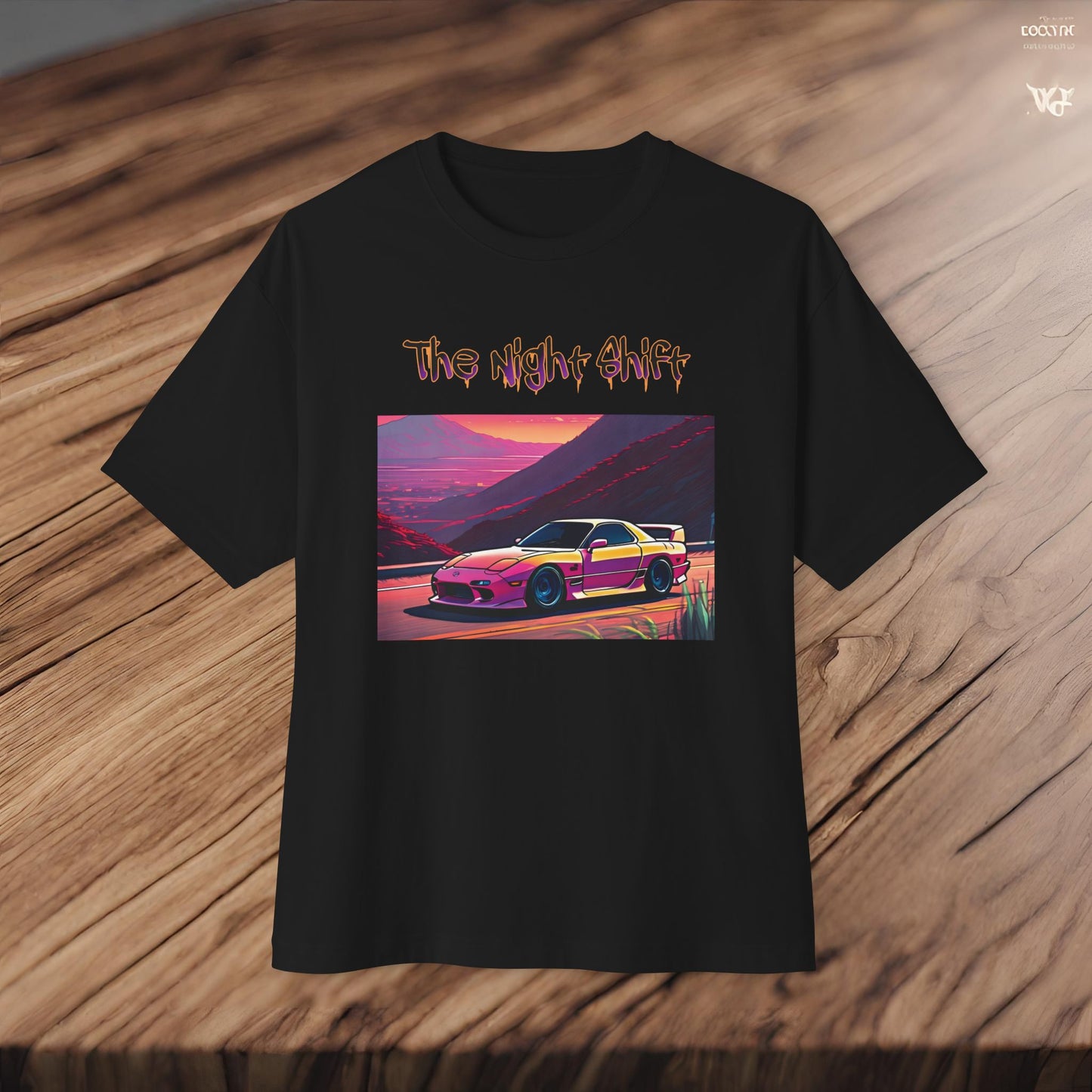 Mazda RX7 Synthwave-Premium, Ultra Soft Unisex Oversized Boxy Tee Printify by The Night Shift Automotive Apparel