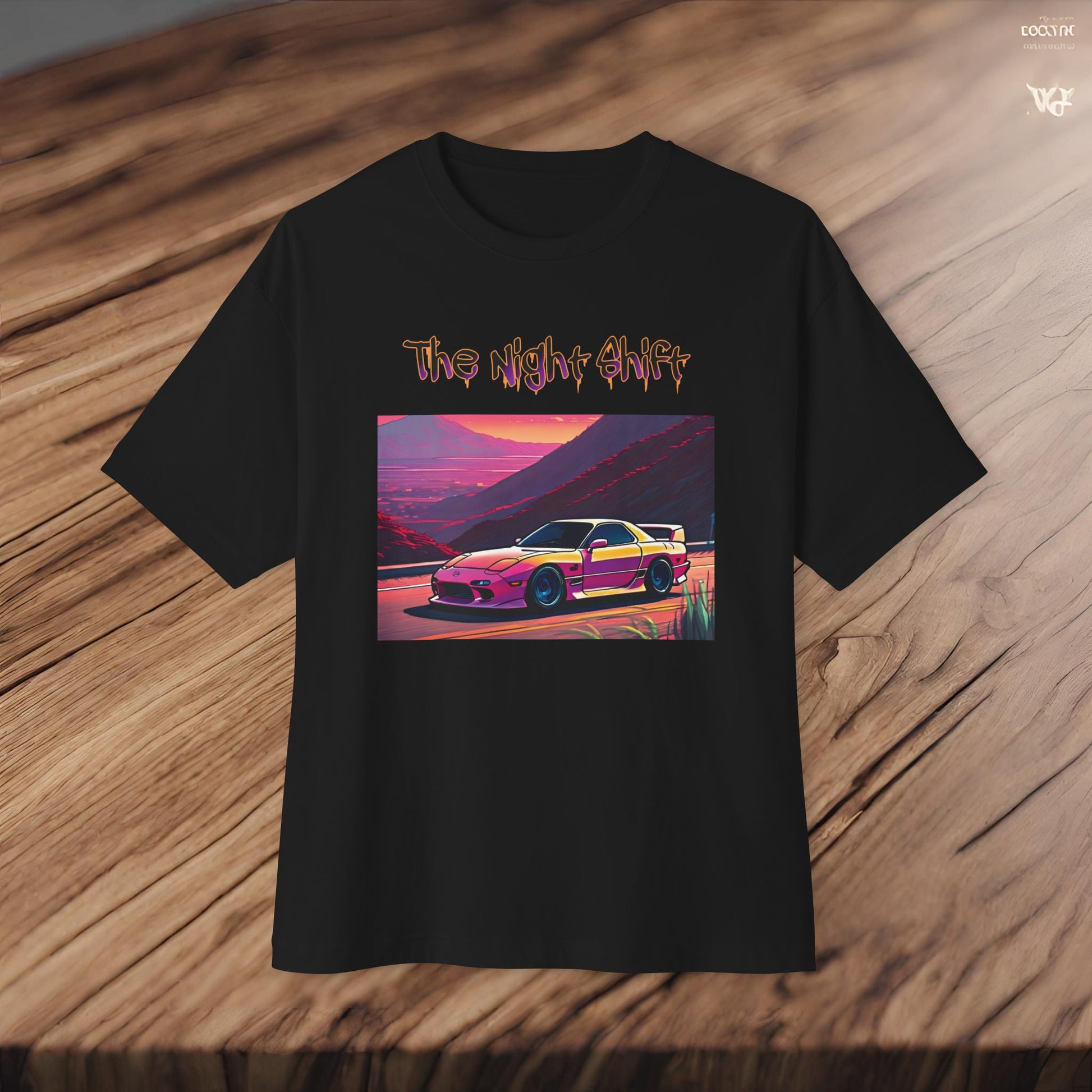 Mazda RX7 Synthwave-Premium, Ultra Soft Unisex Oversized Boxy Tee Printify by The Night Shift Automotive Apparel