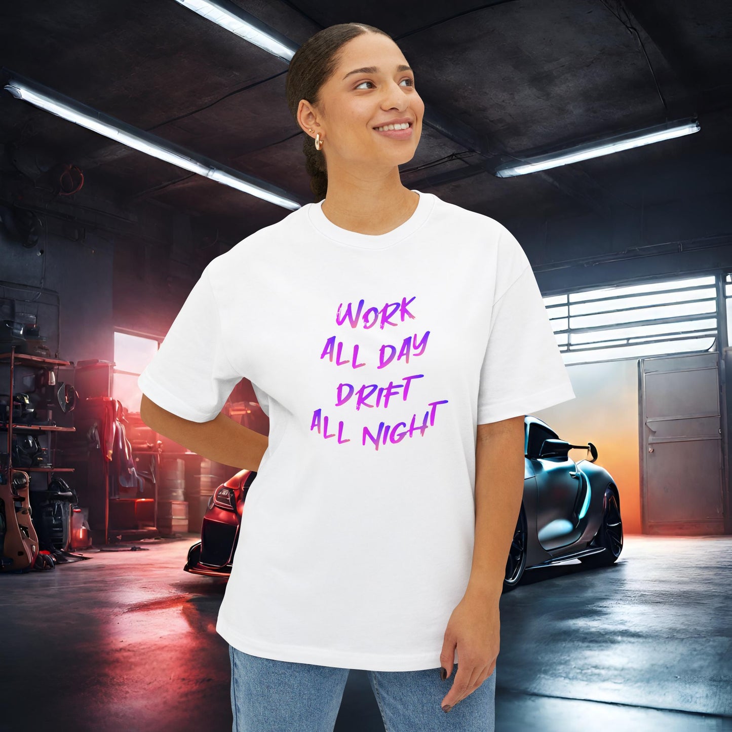Work All Day, Drift All Night-Premium, Ultra Soft Unisex Oversized Boxy Tee Printify by The Night Shift Automotive Apparel