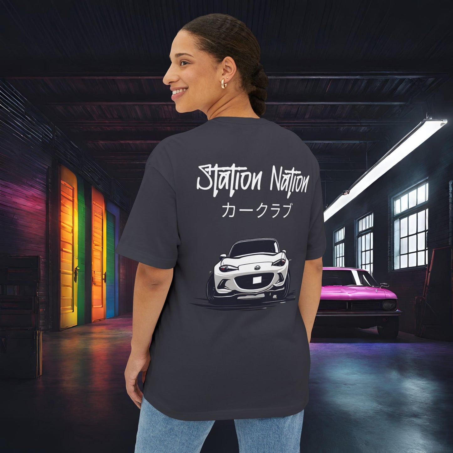 Station Nation-Premium, Ultra Soft Unisex Oversized Boxy Tee Dark Grey Printify by The Night Shift Automotive Apparel