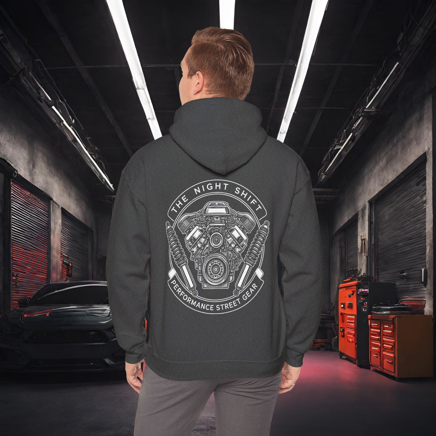 The Night Shift Performance Engine-Ultra Soft, Premium Hoodie Dark Heather Printify by The Night Shift Automotive Apparel