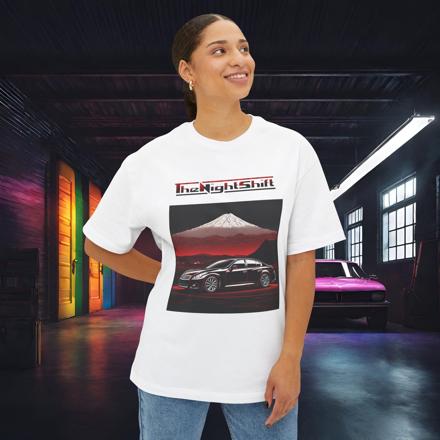 Infiniti G37 Sedan Mt Fuji-Premium, Ultra Soft, Unisex Oversized Boxy Tee Printify by The Night Shift Automotive Apparel