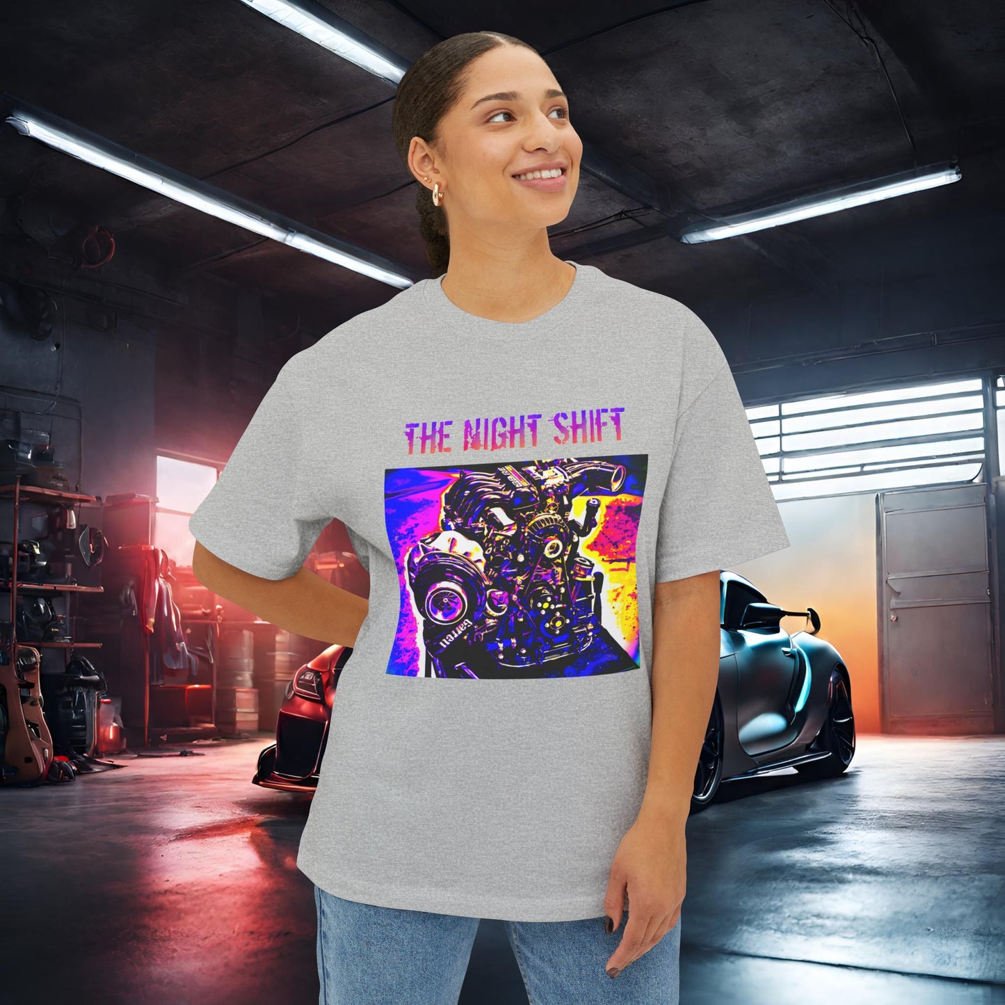 13B-REW Synthwave-Premium, Ultra Soft Unisex Oversized Boxy Tee Printify by The Night Shift Automotive Apparel