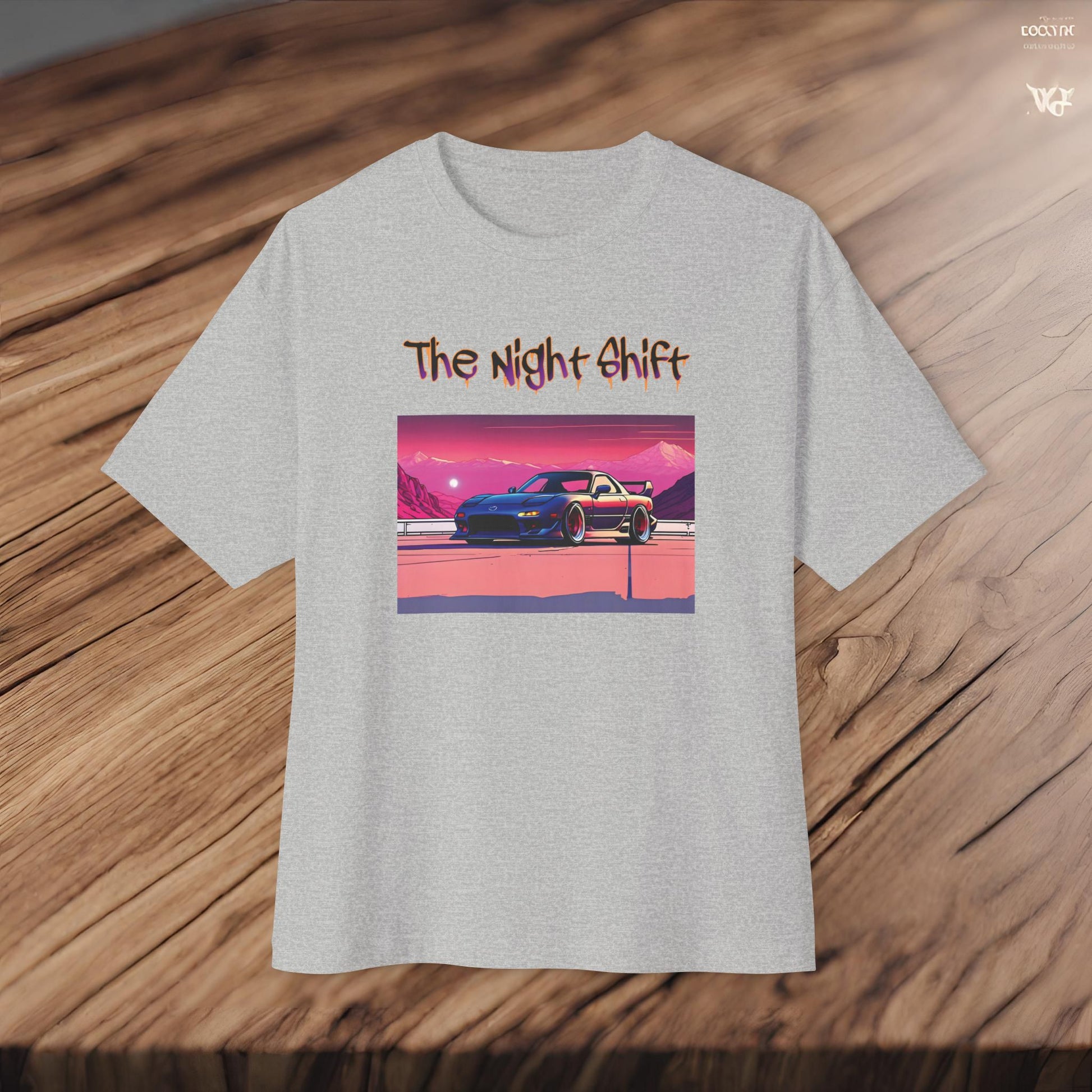 Mazda RX7 Synthwave-Premium, Ultra Soft Unisex Oversized Boxy Tee Printify by The Night Shift Automotive Apparel