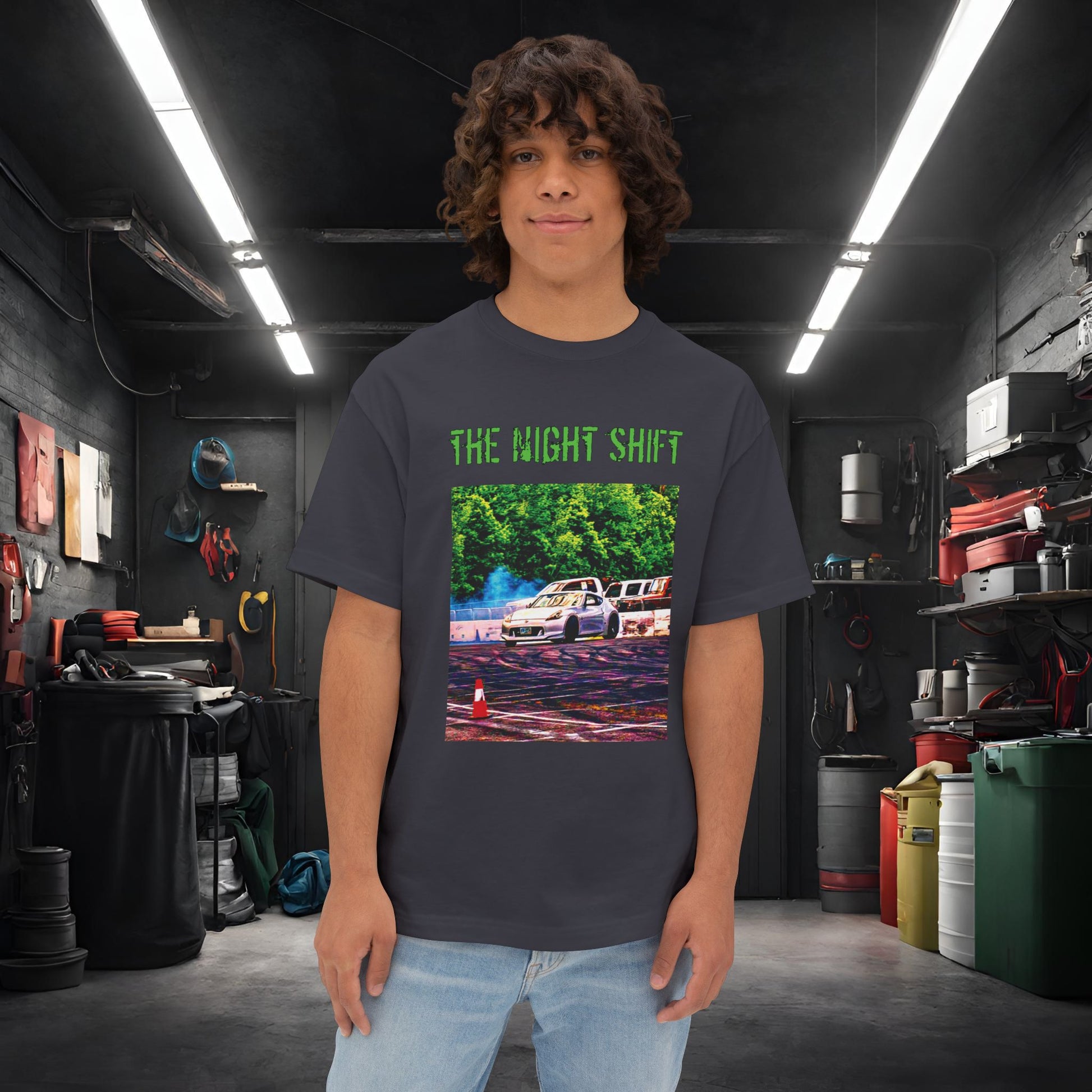 Nissan 370z Drifting Nedco NHMS-Premium, Ultra Soft Unisex Oversized Boxy Tee Dark Grey Printify by The Night Shift Automotive Apparel