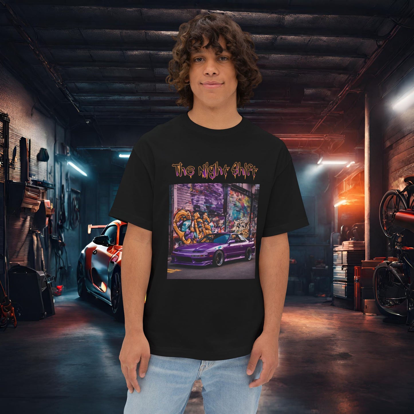 Nissan 240sx Graffiti-Premium, Ultra Soft Unisex Oversized Boxy Tee Black Printify by The Night Shift Automotive Apparel