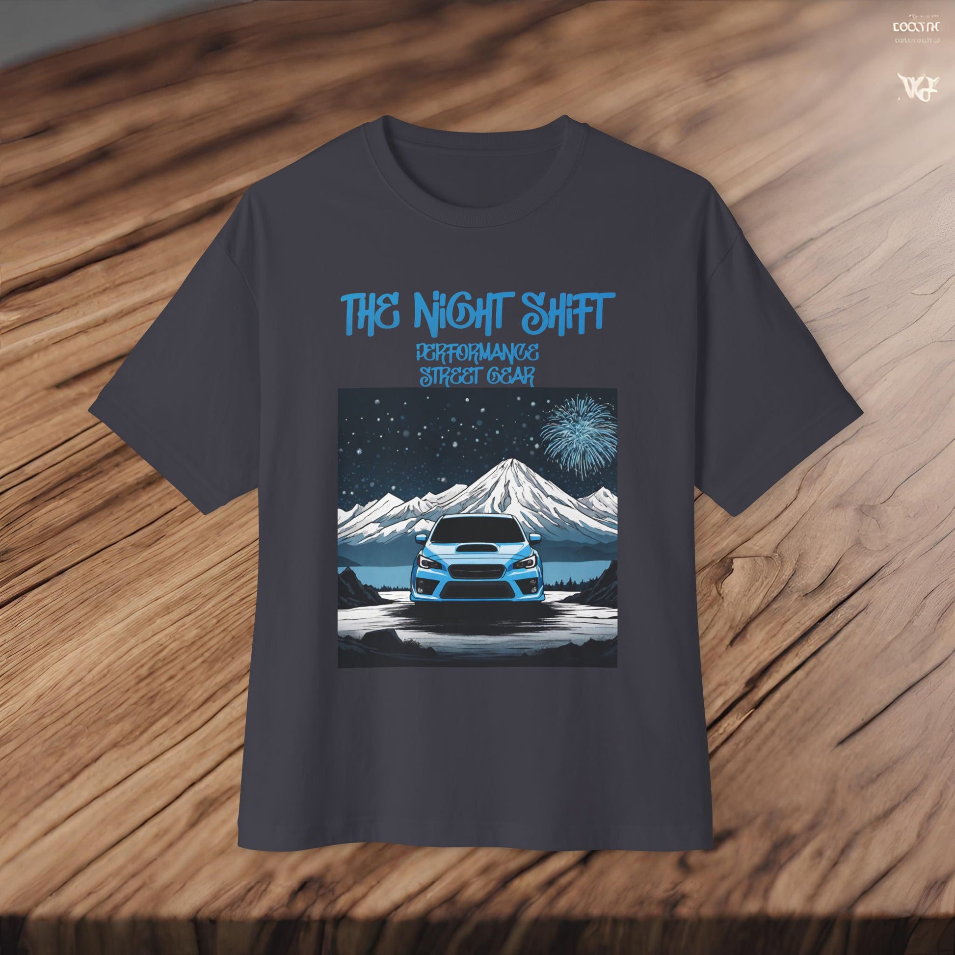 Subaru WRX Fireworks In The Mountains-Premium, Ultra Soft Unisex Oversized Boxy Tee Printify by The Night Shift Automotive Apparel