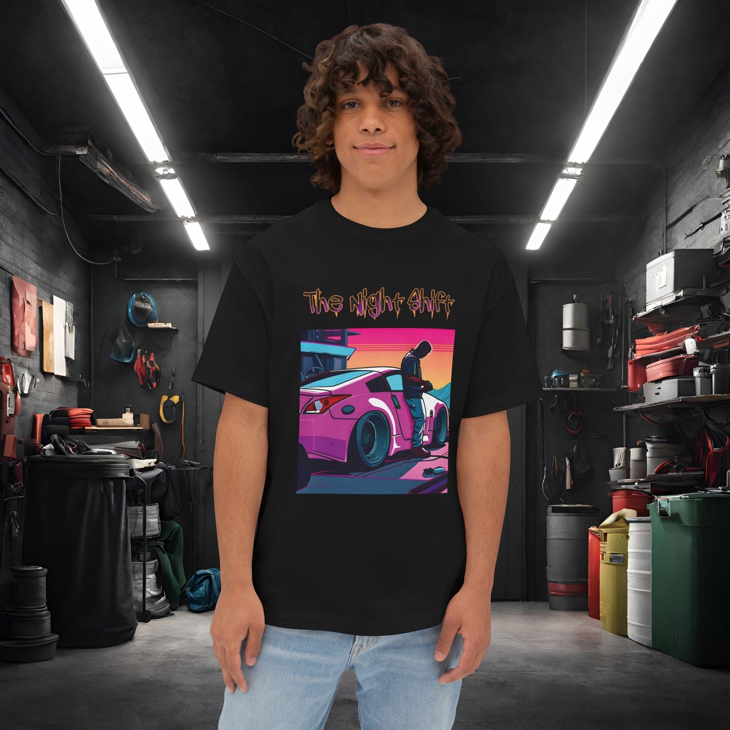 Nissan 370z Synthwave-Premium, Ultra Soft Unisex Oversized Boxy Tee Black Printify by The Night Shift Automotive Apparel