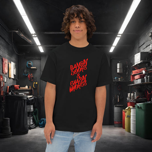 Bangin' Doors & Chasin' Whores-Premium, Ultra Soft Unisex Oversized Boxy Tee Black Printify by The Night Shift Automotive Apparel