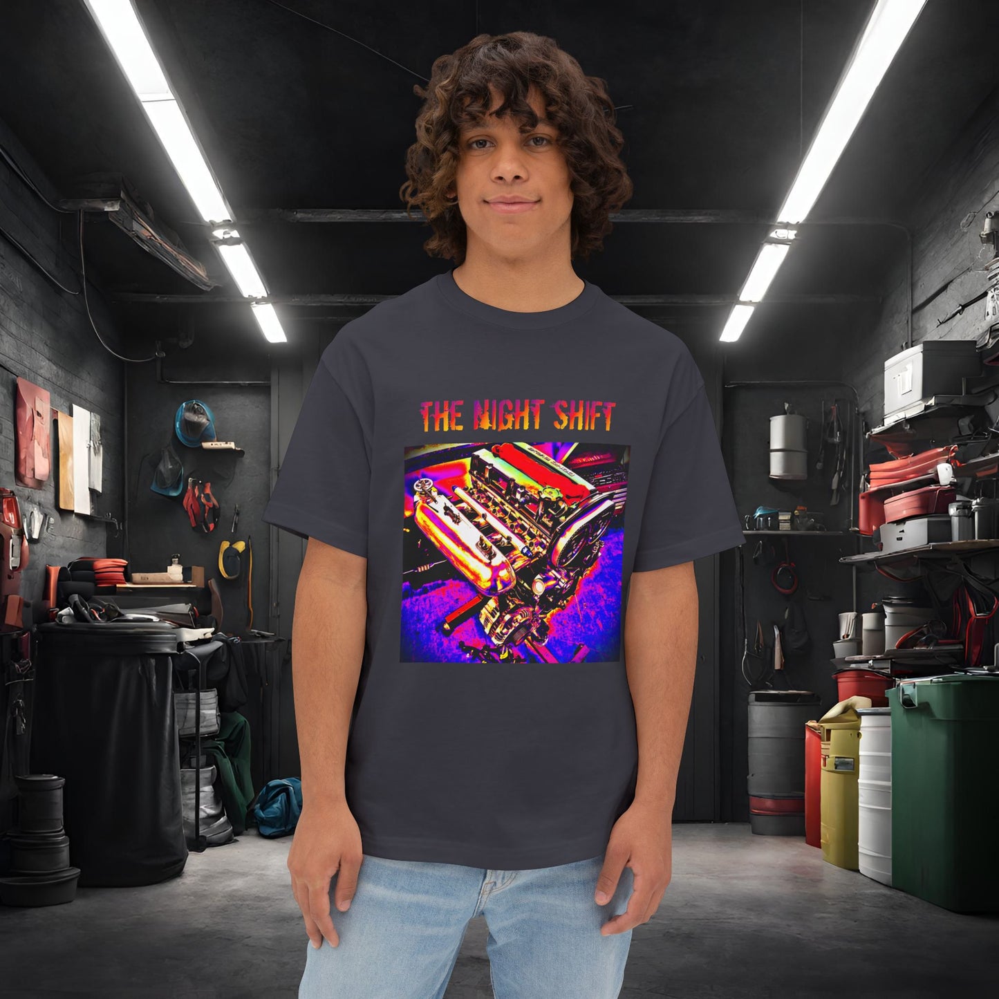 4G63 Synthwave-Premium, Ultra Soft Unisex Oversized Boxy Tee Dark Grey Printify by The Night Shift Automotive Apparel