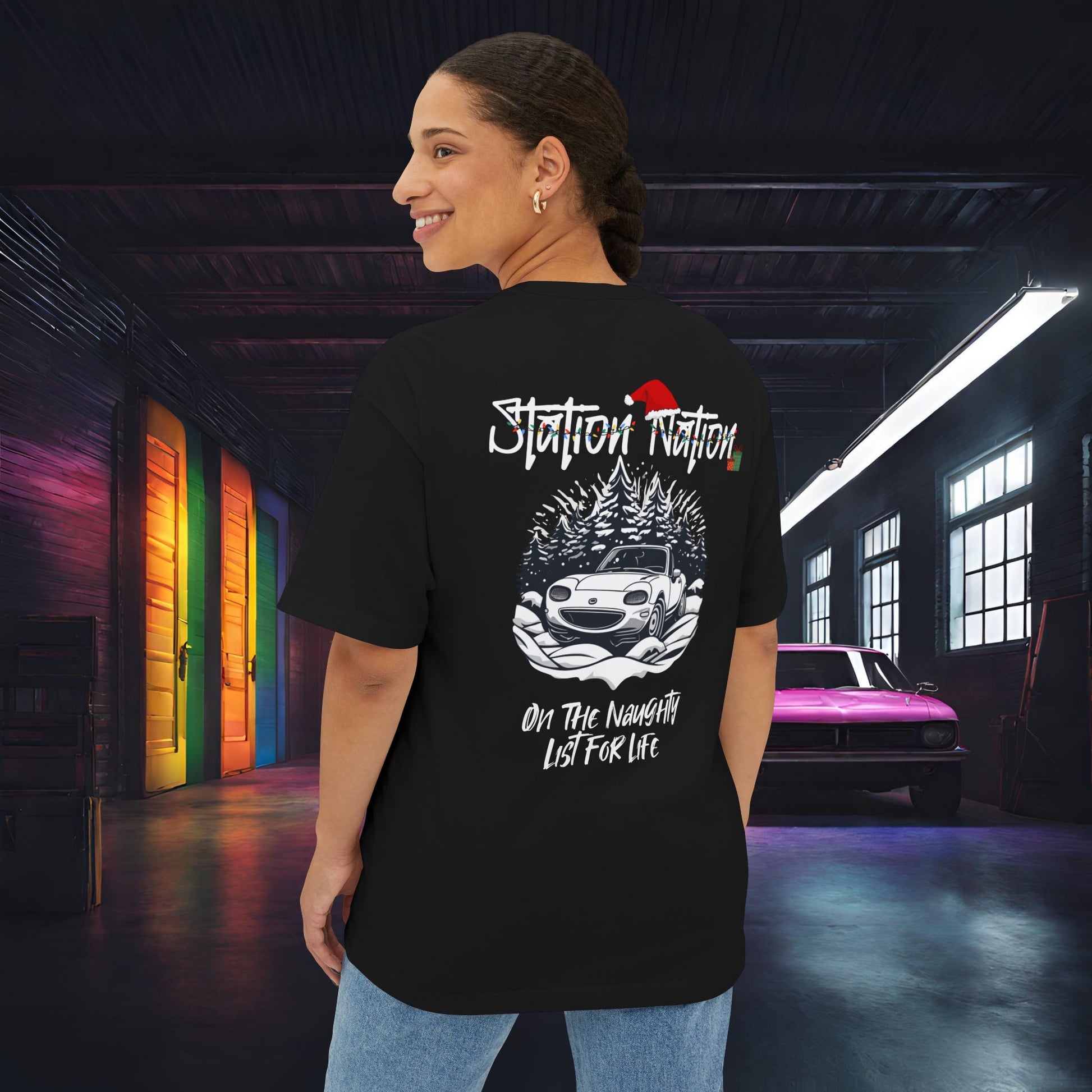 🎄 Christmas Limited Edition Station Nation-Premium, Ultra Soft Unisex Oversized Boxy Tee Black Printify by The Night Shift Automotive Apparel