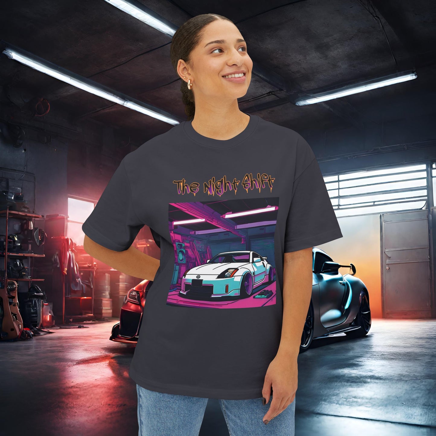 Nissan 350z Synthwave-Premium, Ultra Soft Unisex Oversized Boxy Tee Printify by The Night Shift Automotive Apparel
