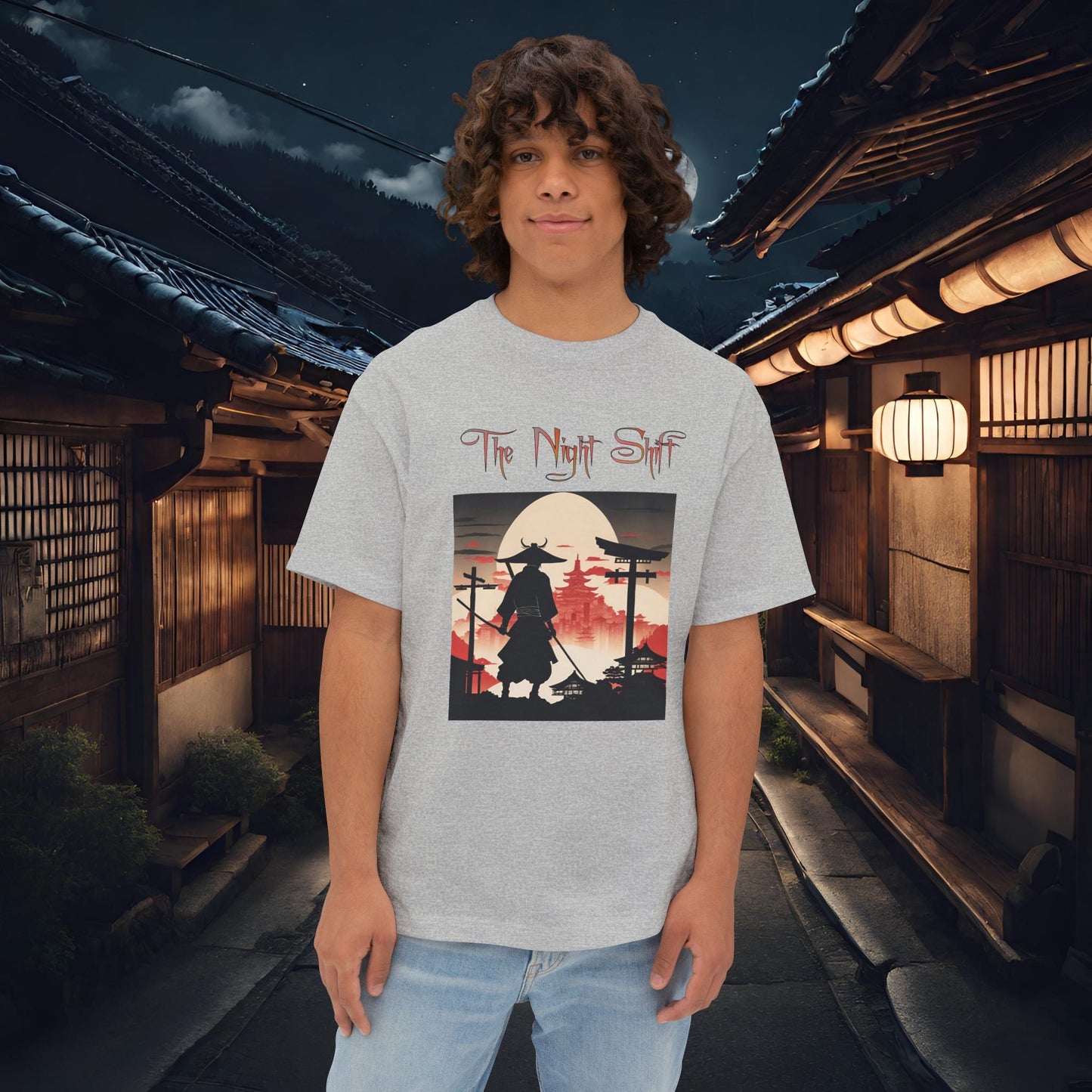 Samurai Full Moon Silhouette-Premium, Ultra Soft Unisex Oversized Boxy Tee Athletic Heather Printify by The Night Shift Automotive Apparel