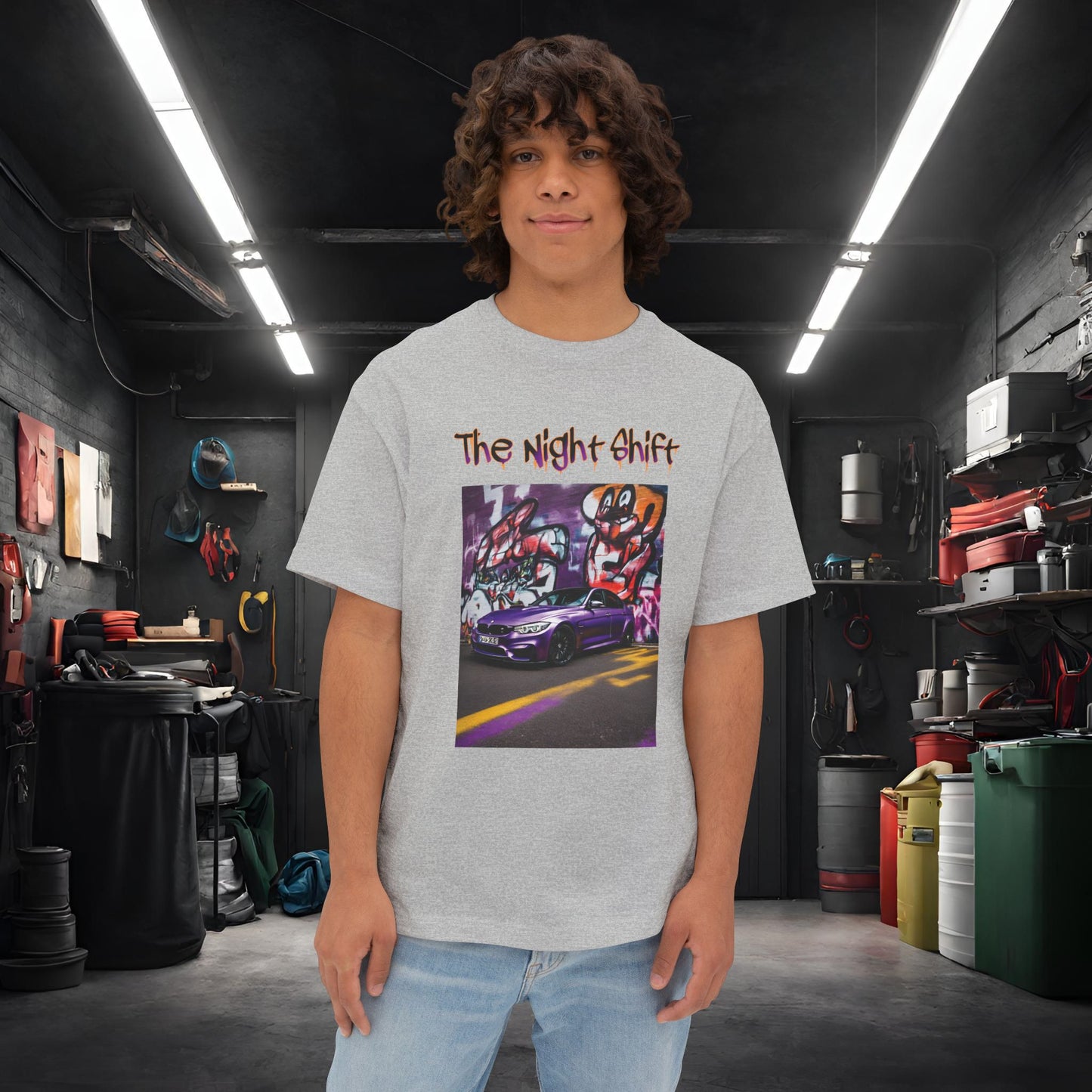 BMW M3 Graffiti-Premium, Ultra Soft Unisex Oversized Boxy Tee Athletic Heather Printify by The Night Shift Automotive Apparel