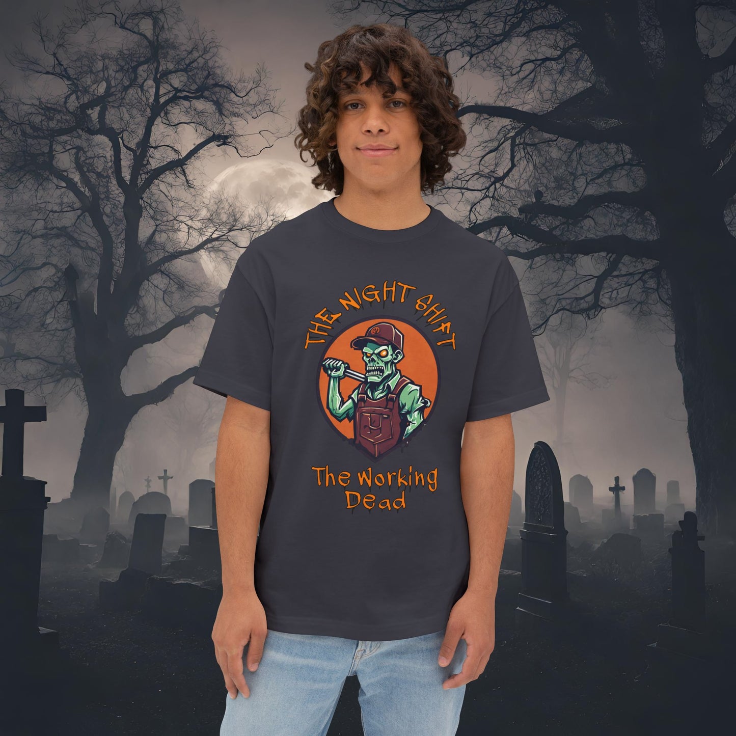 The Night Shift Zombie Mechanic-Premium, Ultra Soft Unisex Oversized Boxy Tee Dark Grey Printify by The Night Shift Automotive Apparel