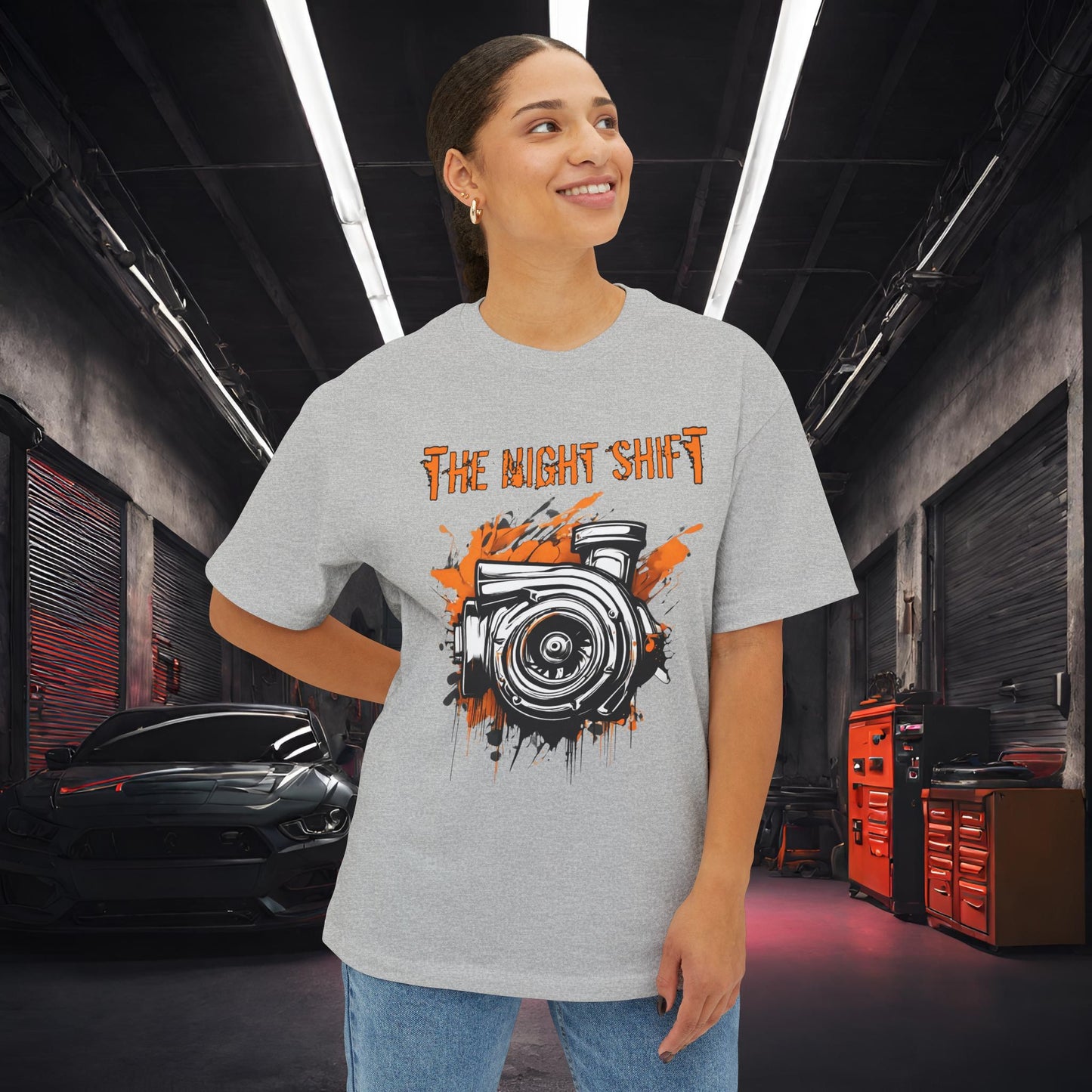 Graffiti Turbo-Premium, Ultra Soft Unisex Oversized Boxy Tee Printify by The Night Shift Automotive Apparel