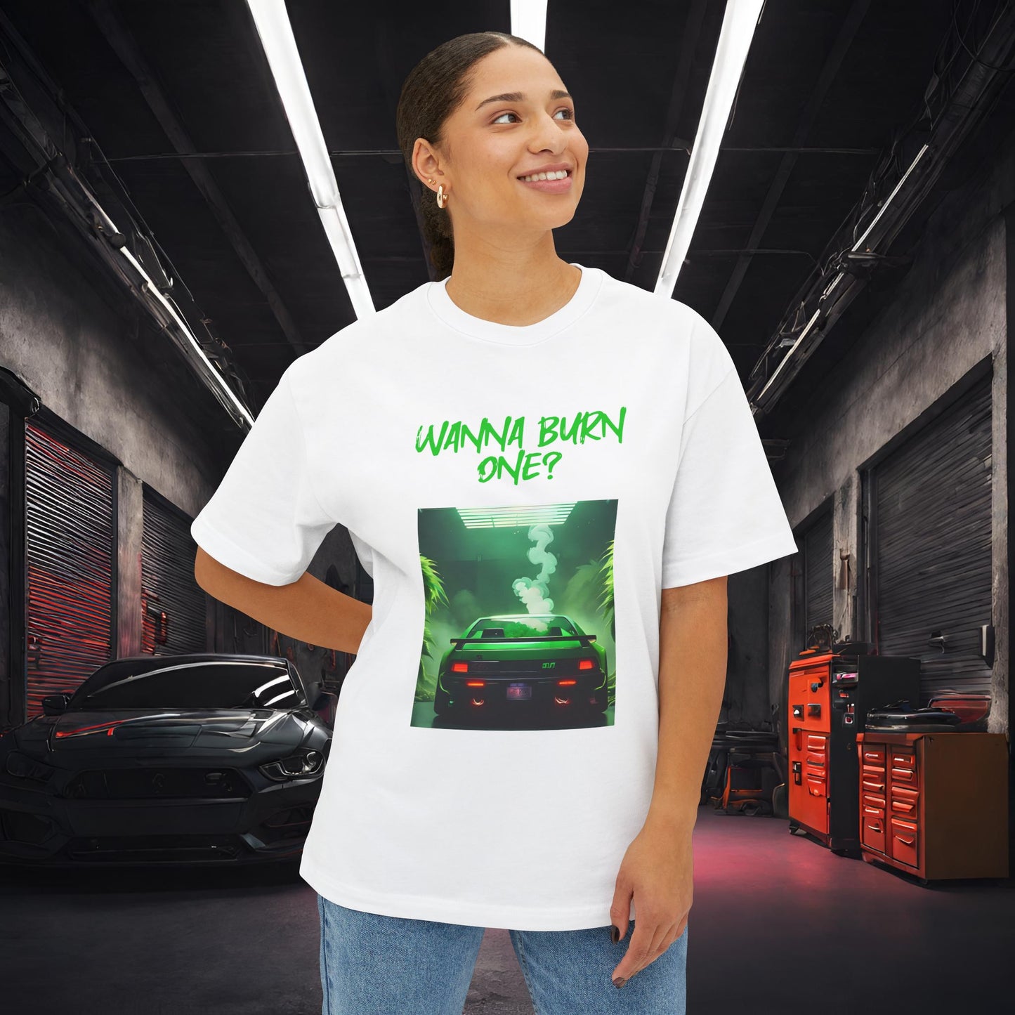 Wanna Burn One-Premium, Ultra Soft Unisex Oversized Boxy Tee Printify by The Night Shift Automotive Apparel