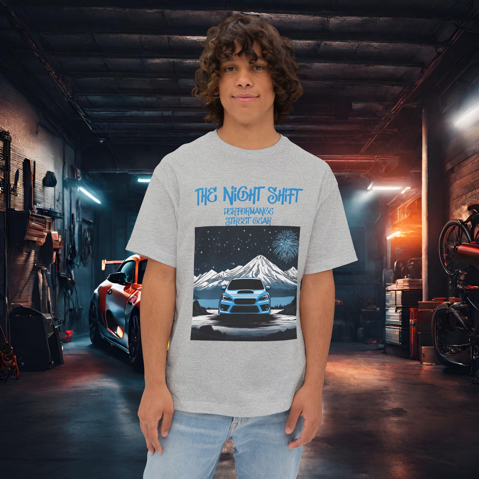 Subaru WRX Fireworks In The Mountains-Premium, Ultra Soft Unisex Oversized Boxy Tee Athletic Heather Printify by The Night Shift Automotive Apparel