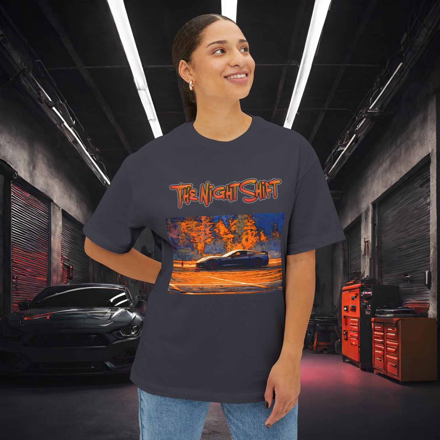 Chevy Corvette C7 Drifting Nedco NHMS-Premium, Ultra Soft Unisex Oversized Boxy Tee Printify by The Night Shift Automotive Apparel
