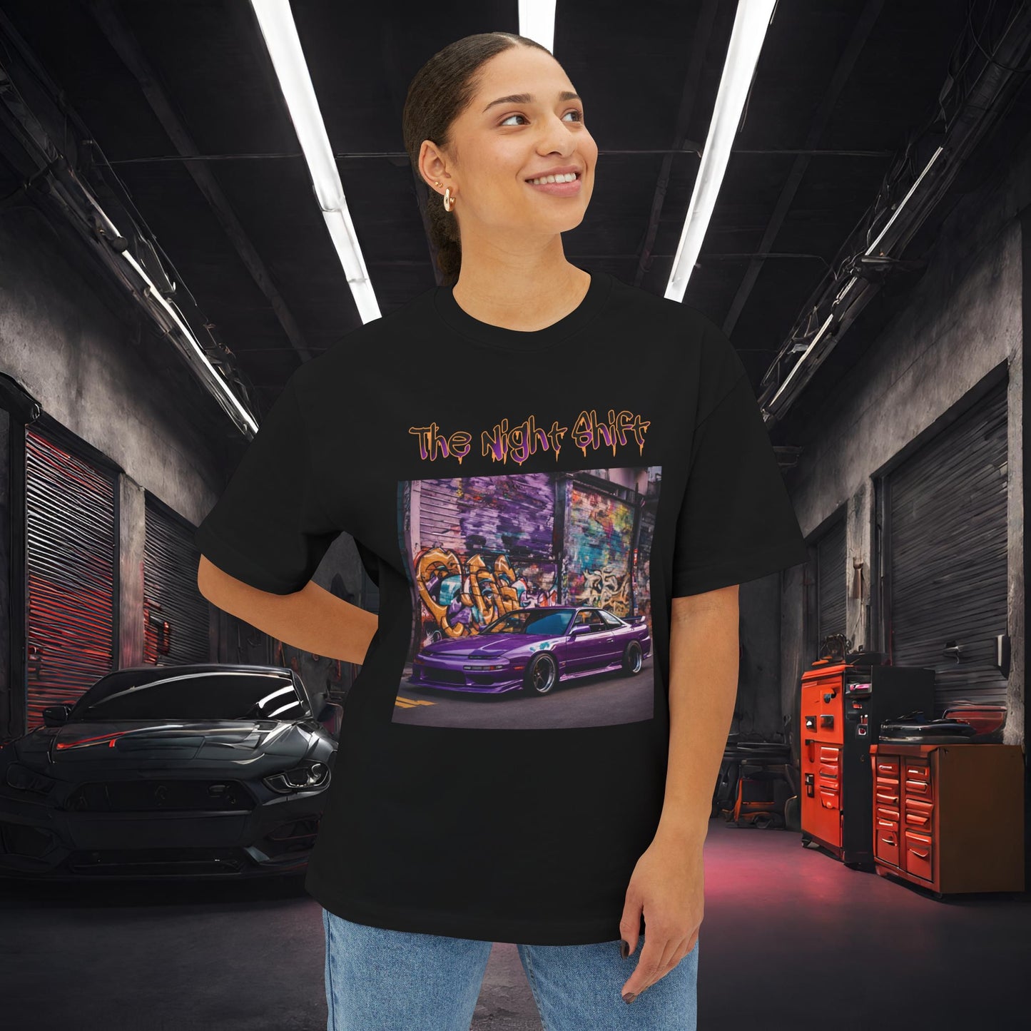 Nissan 240sx Graffiti-Premium, Ultra Soft Unisex Oversized Boxy Tee Printify by The Night Shift Automotive Apparel