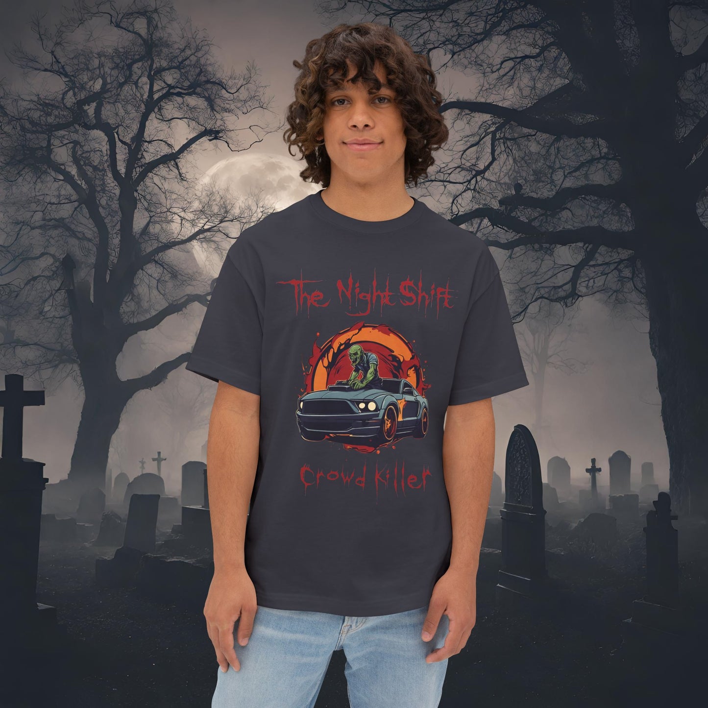 Crowd Killer Zombie Mustang-Premium, Ultra Soft Unisex Oversized Boxy Tee Dark Grey Printify by The Night Shift Automotive Apparel