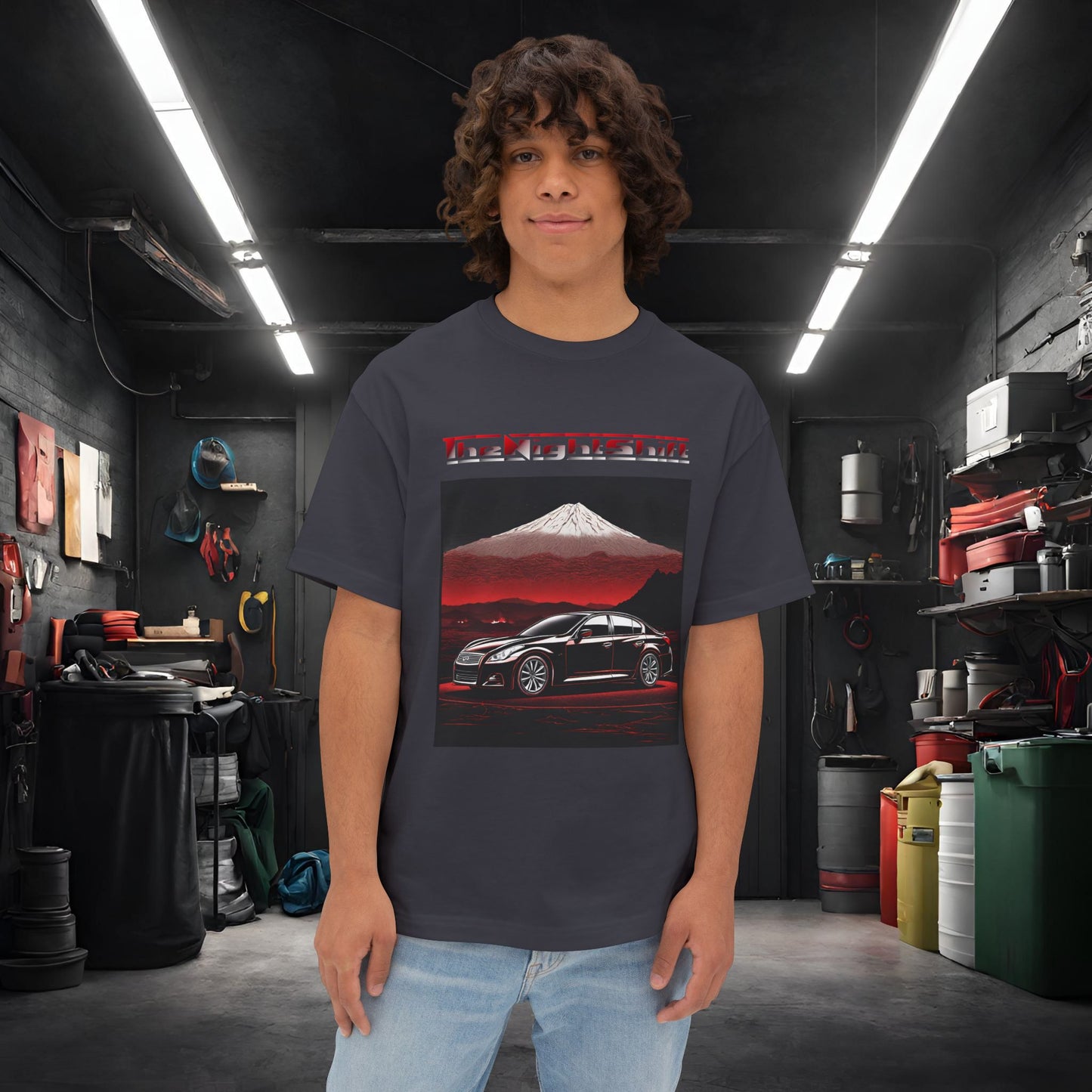 Infiniti G37 Sedan Mt Fuji-Premium, Ultra Soft, Unisex Oversized Boxy Tee Dark Grey Printify by The Night Shift Automotive Apparel