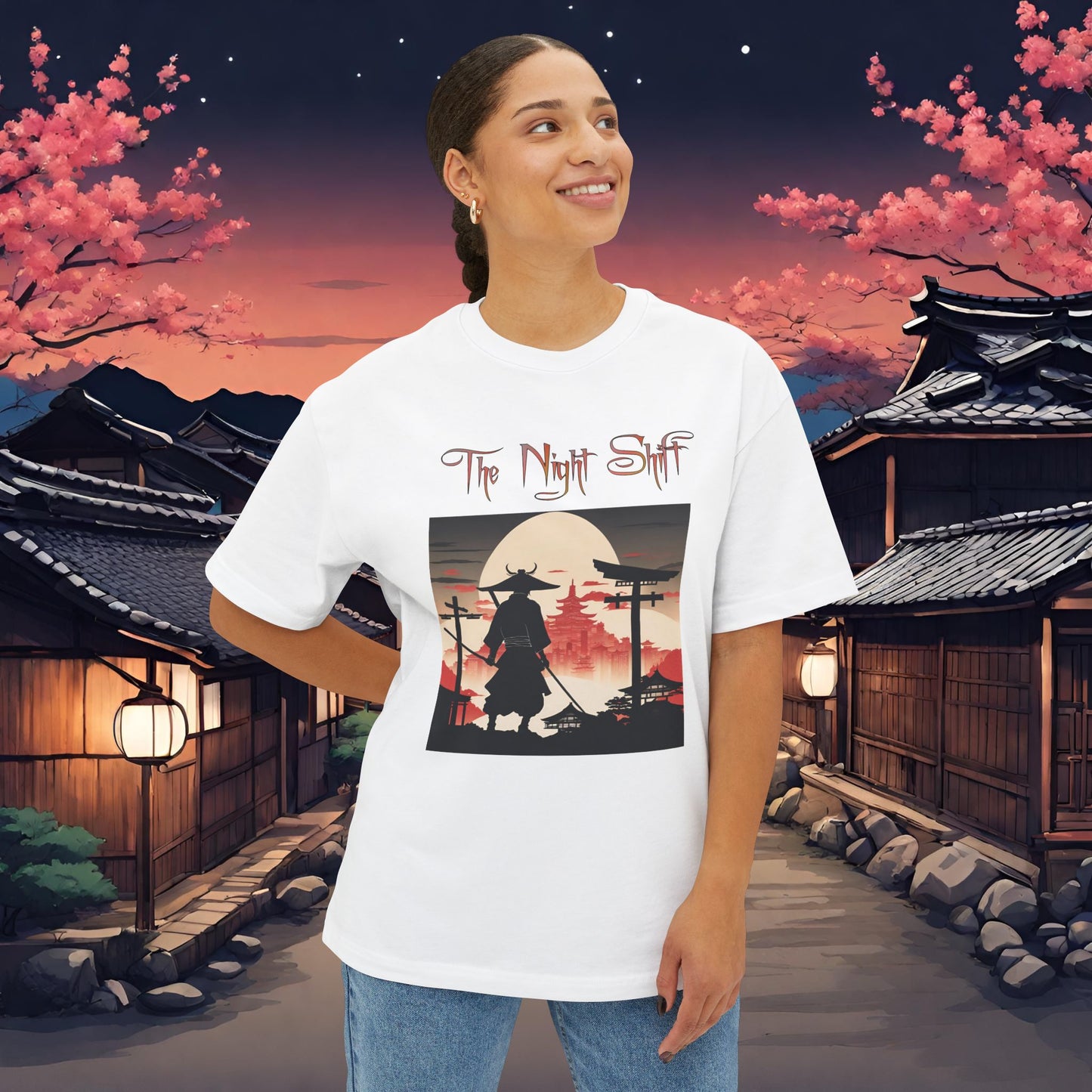 Samurai Full Moon Silhouette-Premium, Ultra Soft Unisex Oversized Boxy Tee Printify by The Night Shift Automotive Apparel