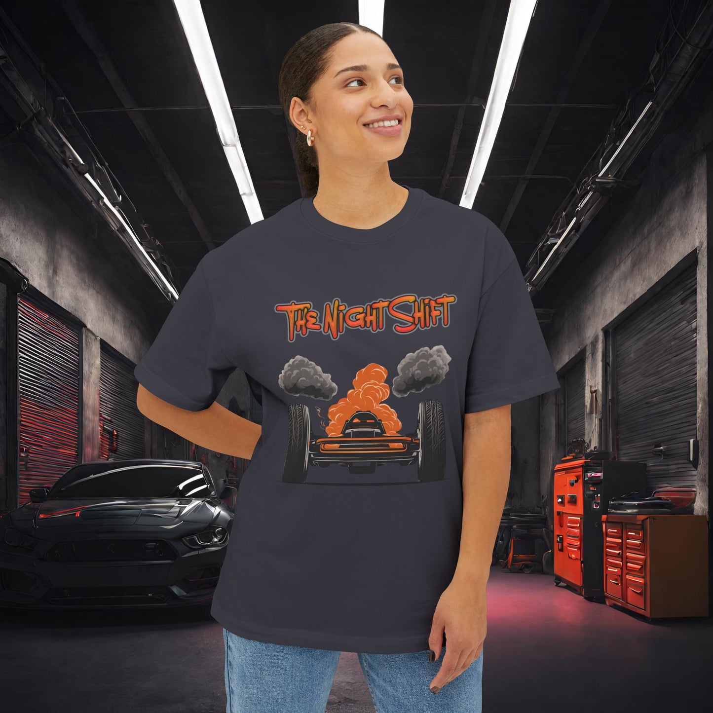 Alien UFO Big Tire Drag Racer -Premium, Ultra Soft Unisex Oversized Boxy Tee Printify by The Night Shift Automotive Apparel