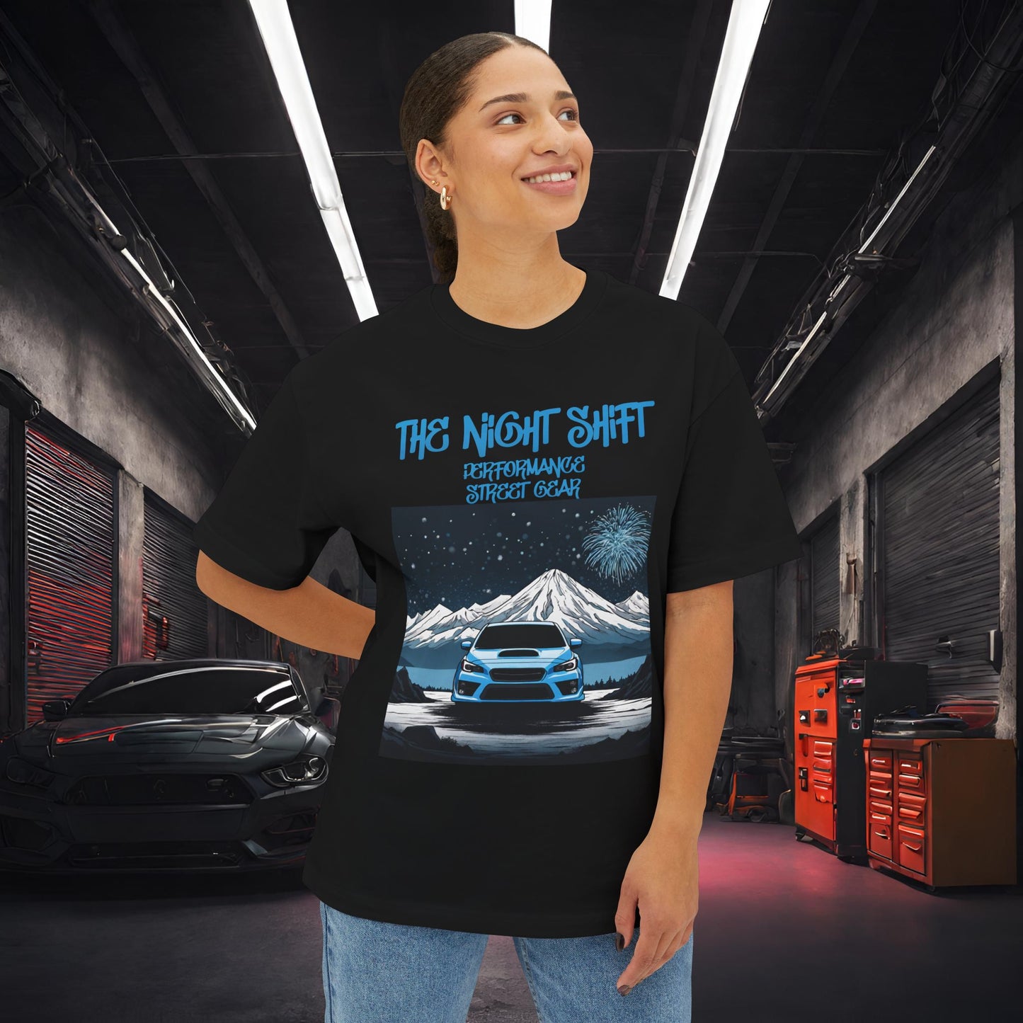 Subaru WRX Fireworks In The Mountains-Premium, Ultra Soft Unisex Oversized Boxy Tee Printify by The Night Shift Automotive Apparel