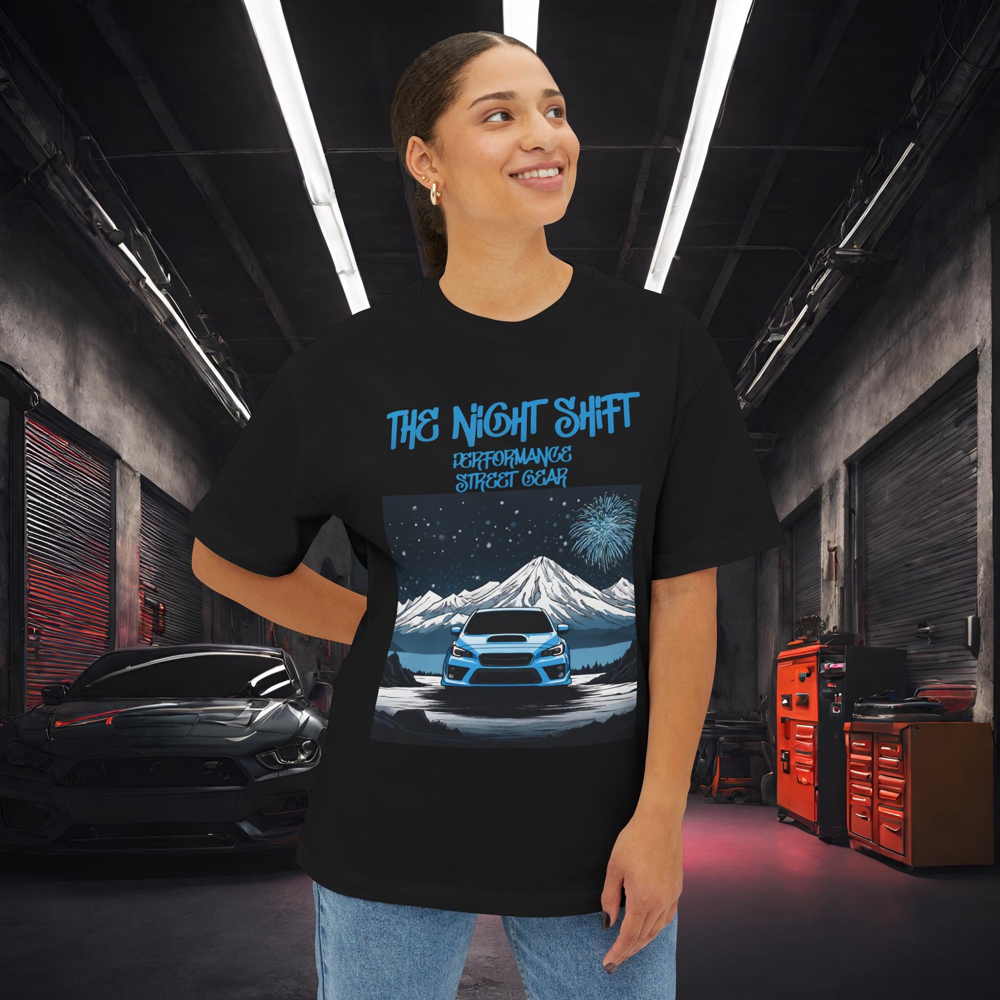 Subaru WRX Fireworks In The Mountains-Premium, Ultra Soft Unisex Oversized Boxy Tee Printify by The Night Shift Automotive Apparel