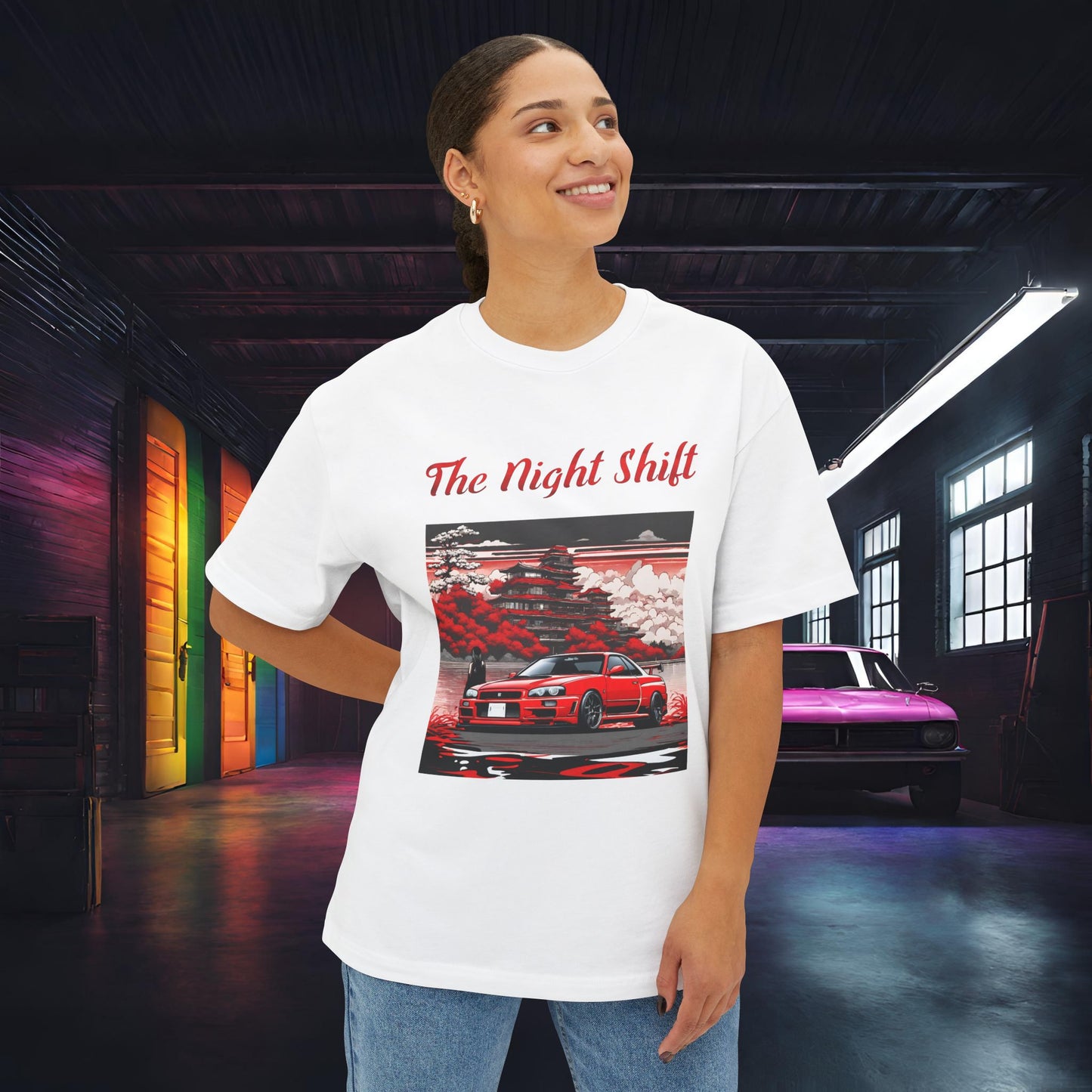 Nissan Skyline R34 Cherry Blossom-Premium, Ultra Soft, Unisex Oversized Boxy Tee Printify by The Night Shift Automotive Apparel