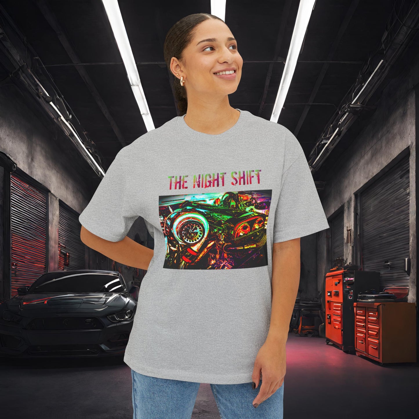 2JZ-GTE Single Turbo Synthwave-Premium, Ultra Soft Unisex Oversized Boxy Tee Printify by The Night Shift Automotive Apparel