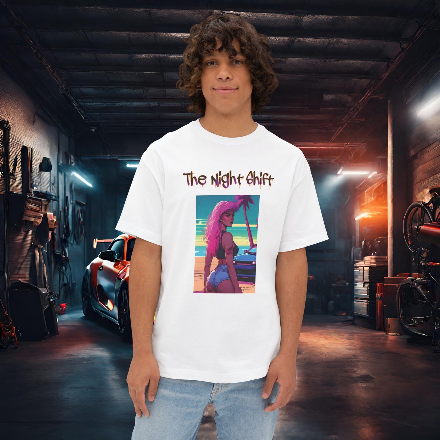 Pink Hair, Don't Care Synthwave-Premium, Ultra Soft Unisex Oversized Boxy Tee White Printify by The Night Shift Automotive Apparel