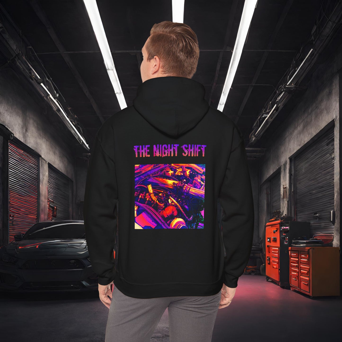 LS-A Twin Turbo Synthwave-Premium, Ultra Soft Unisex Hoodie Black Printify by The Night Shift Automotive Apparel