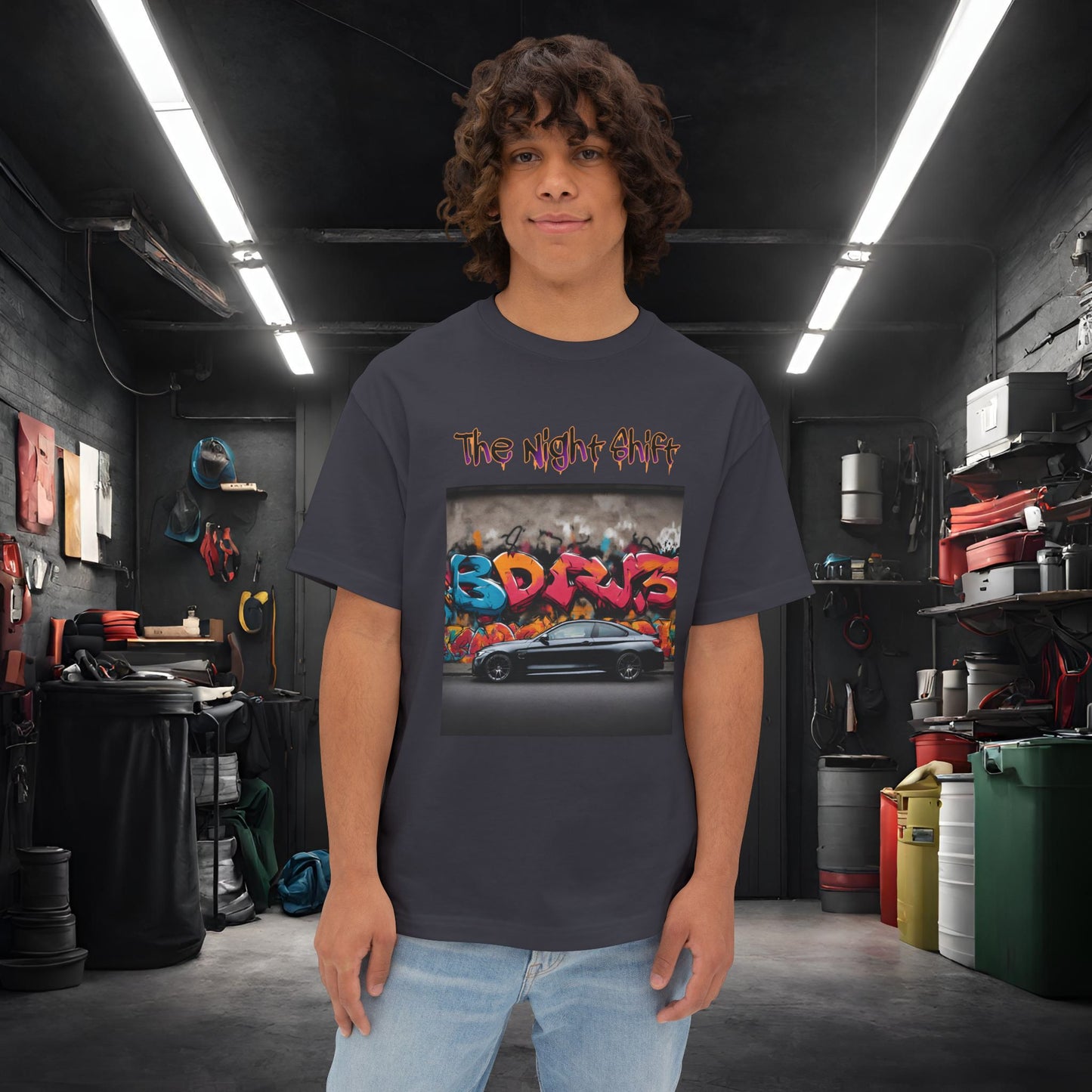 BMW M4 Graffiti-Premium, Ultra Soft Unisex Oversized Boxy Tee Dark Grey Printify by The Night Shift Automotive Apparel