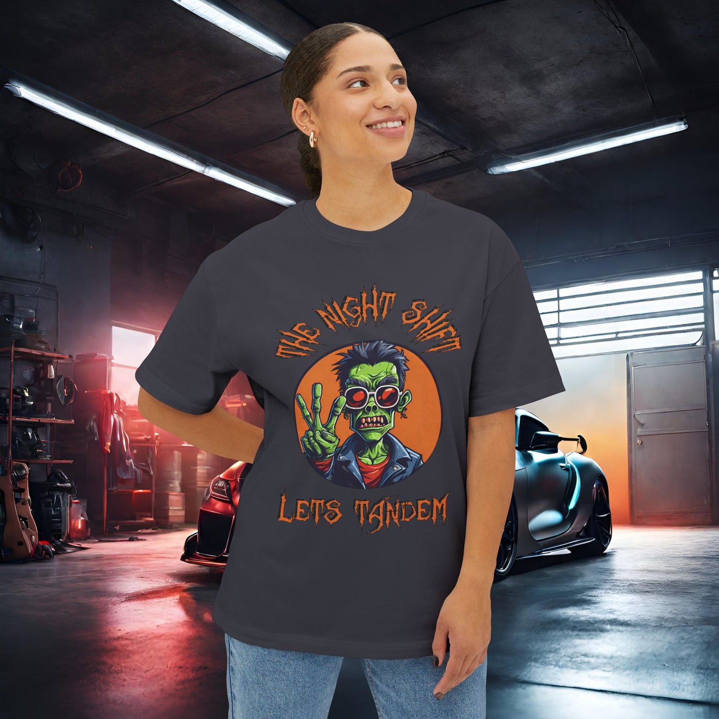 Lets Tandem Drift Zombie-Premium, Ultra Soft Unisex Oversized Boxy Tee Printify by The Night Shift Automotive Apparel