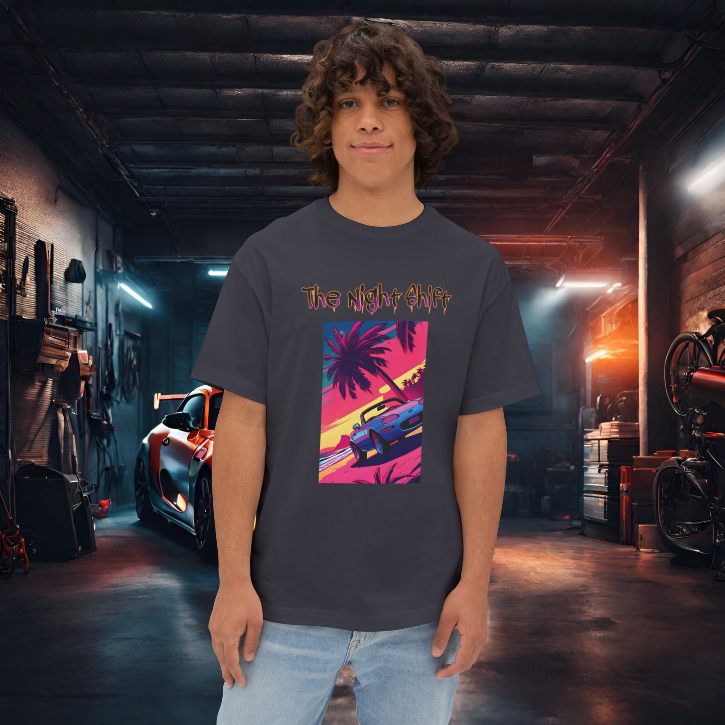 Miata Topless Beach Cruise Synthwave-Premium, Ultra Soft Unisex Oversized Boxy Tee Dark Grey Printify by The Night Shift Automotive Apparel