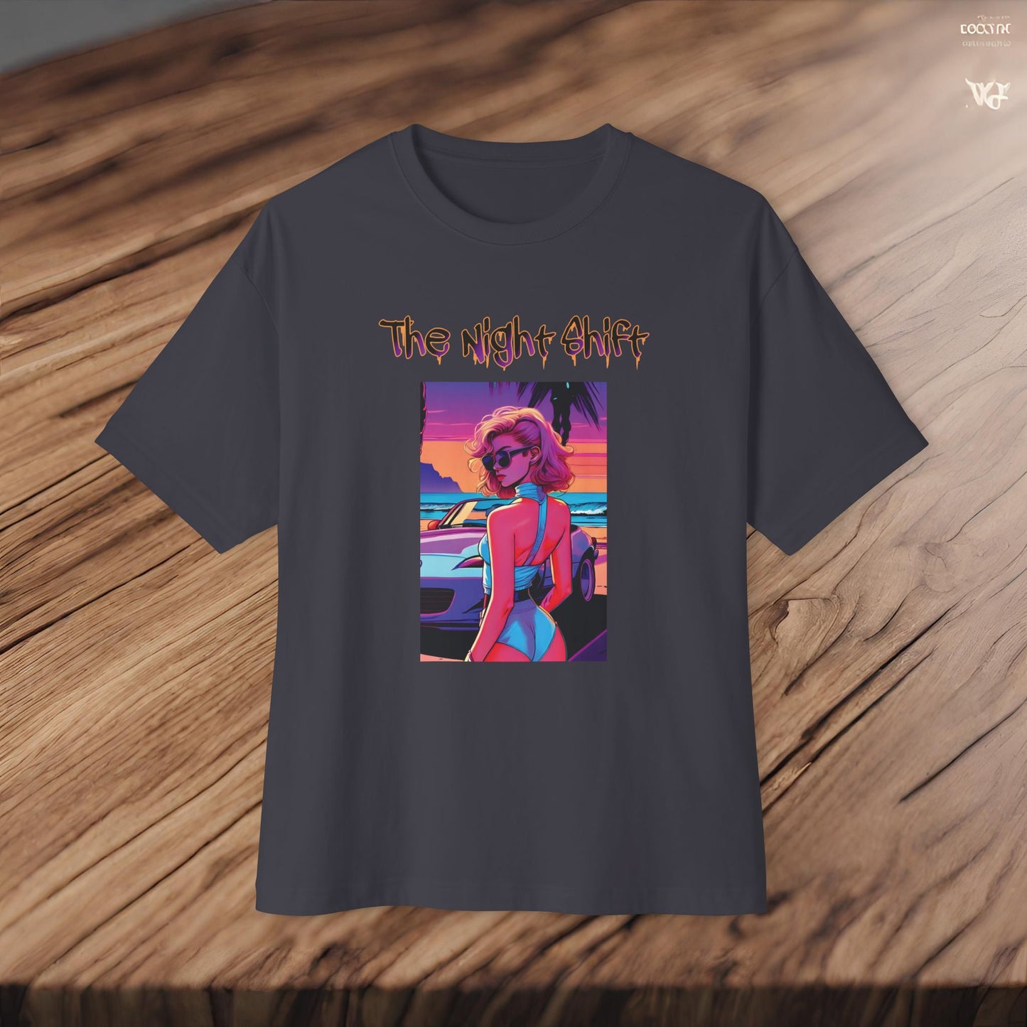 Miata Beach Days Synthwave-Premium, Ultra Soft Unisex Oversized Boxy Tee Printify by The Night Shift Automotive Apparel
