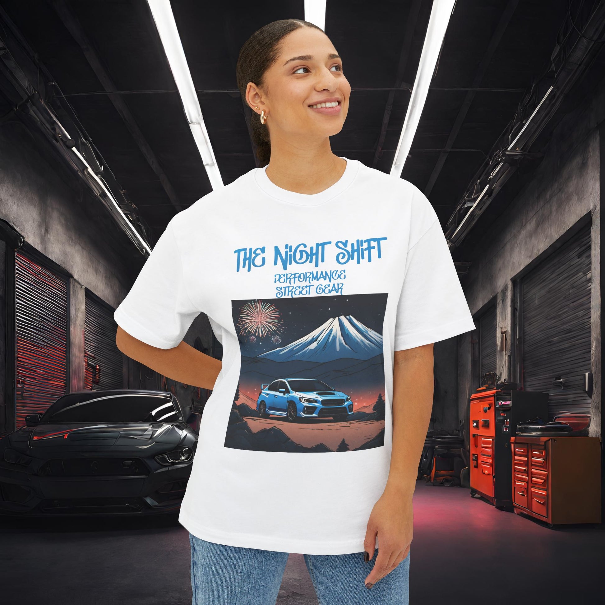Subaru WRX/STI Fireworks In The Mountains-Premium, Ultra Soft Unisex Oversized Boxy Tee Printify by The Night Shift Automotive Apparel