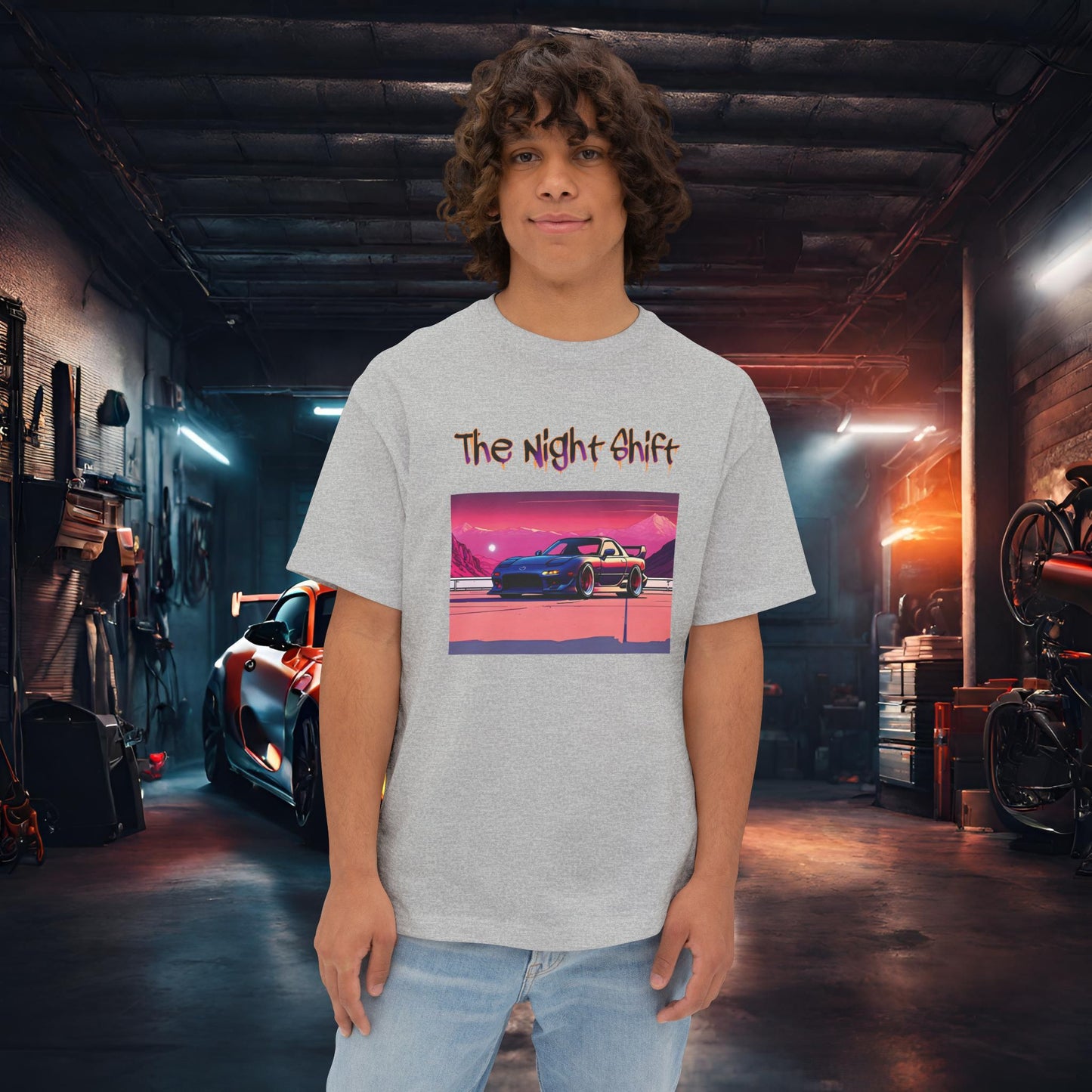 Mazda RX7 Synthwave-Premium, Ultra Soft Unisex Oversized Boxy Tee Athletic Heather Printify by The Night Shift Automotive Apparel