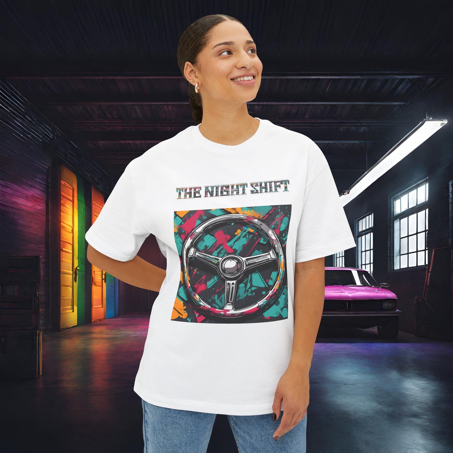 Steering Wheel-Premium, Ultra Soft Unisex Oversized Boxy Tee Printify by The Night Shift Automotive Apparel