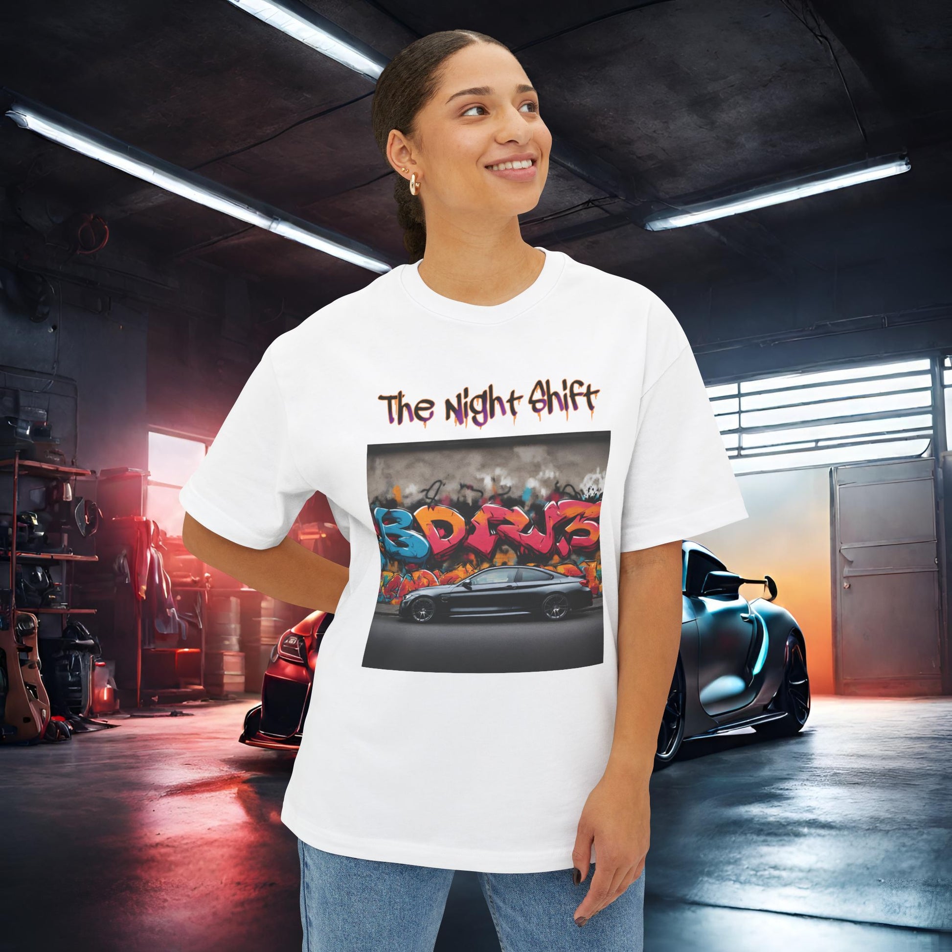 BMW M4 Graffiti-Premium, Ultra Soft Unisex Oversized Boxy Tee Printify by The Night Shift Automotive Apparel