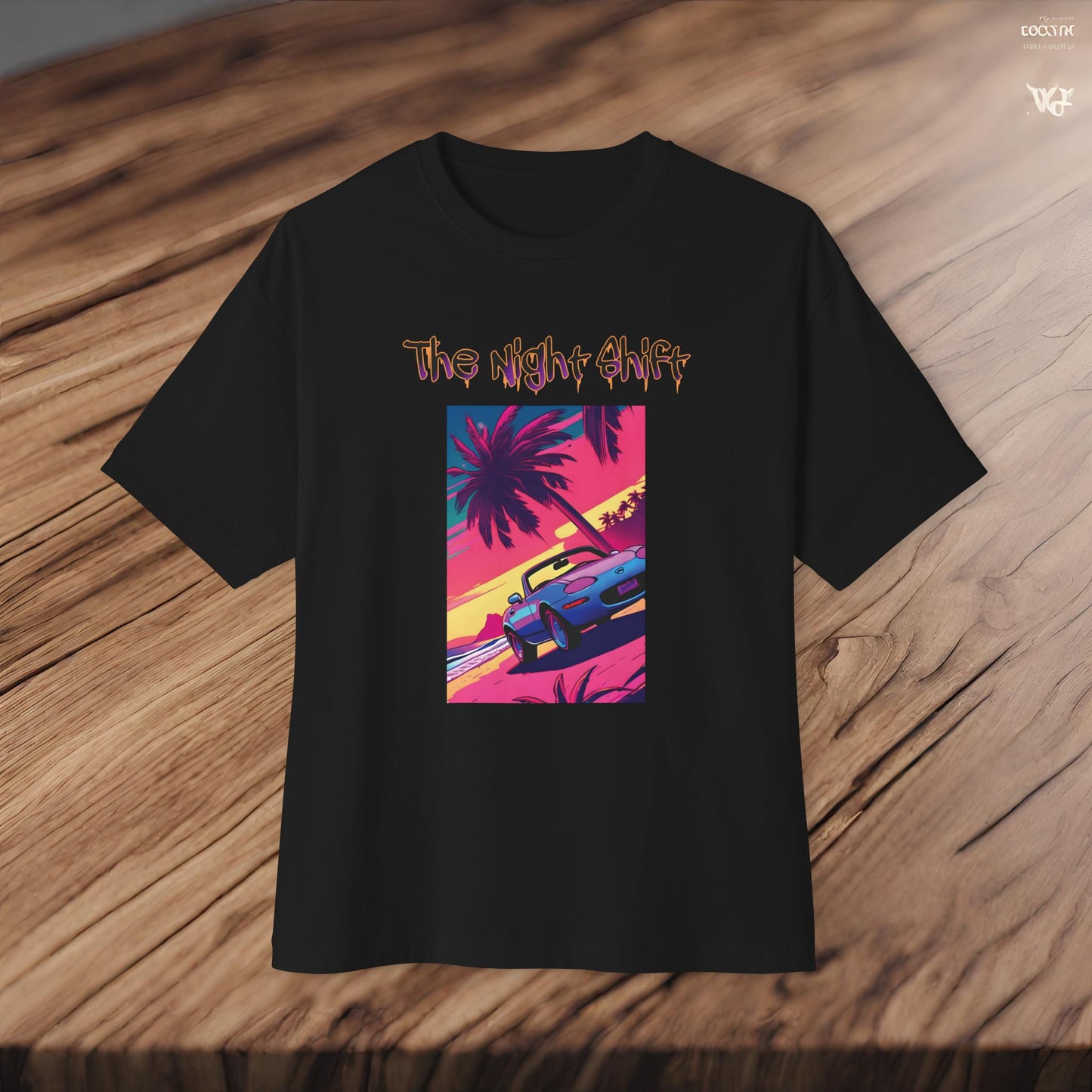 Miata Topless Beach Cruise Synthwave-Premium, Ultra Soft Unisex Oversized Boxy Tee Printify by The Night Shift Automotive Apparel