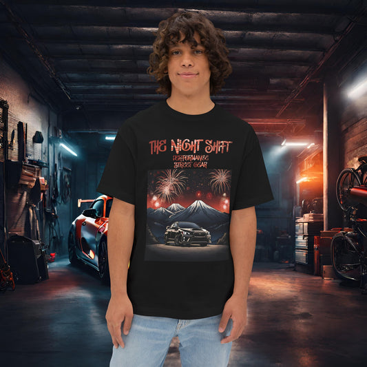 Subaru WRX/STI Fireworks In The Mountains-Premium, Ultra Soft Unisex Oversized Boxy Tee Black Printify by The Night Shift Automotive Apparel
