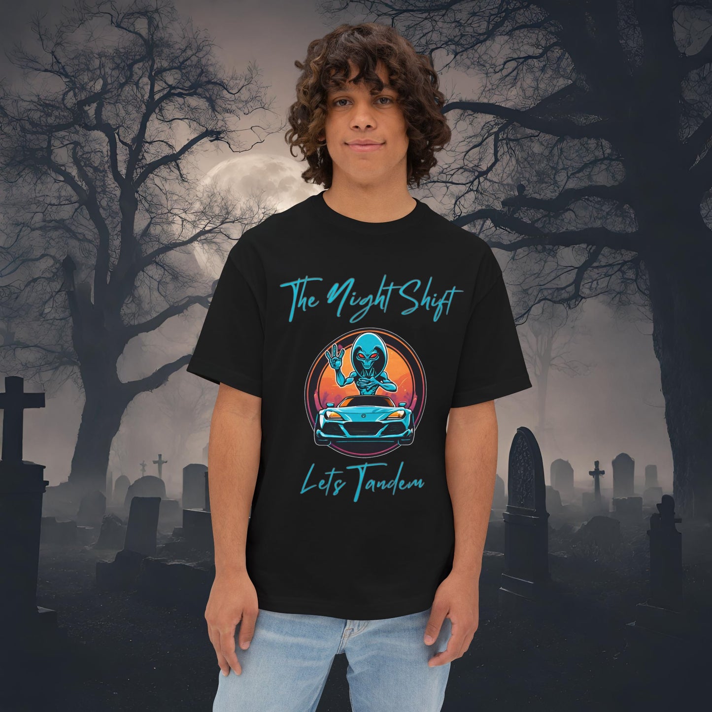 Lets Tandem Alien-Premium, Ultra Soft Unisex Oversized Boxy Tee Black Printify by The Night Shift Automotive Apparel