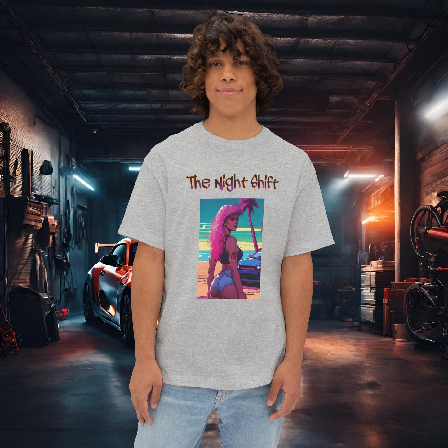 Pink Hair, Don't Care Synthwave-Premium, Ultra Soft Unisex Oversized Boxy Tee Athletic Heather Printify by The Night Shift Automotive Apparel