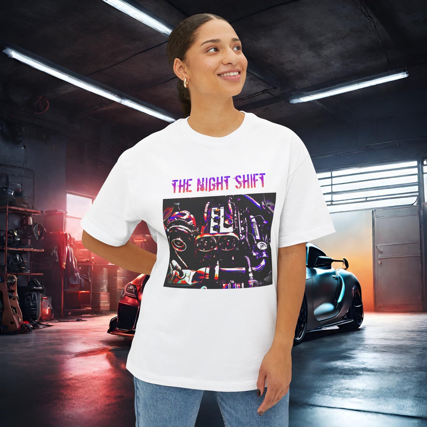 4G63 Synthwave-Premium, Ultra Soft Unisex Oversized Boxy Tee Printify by The Night Shift Automotive Apparel