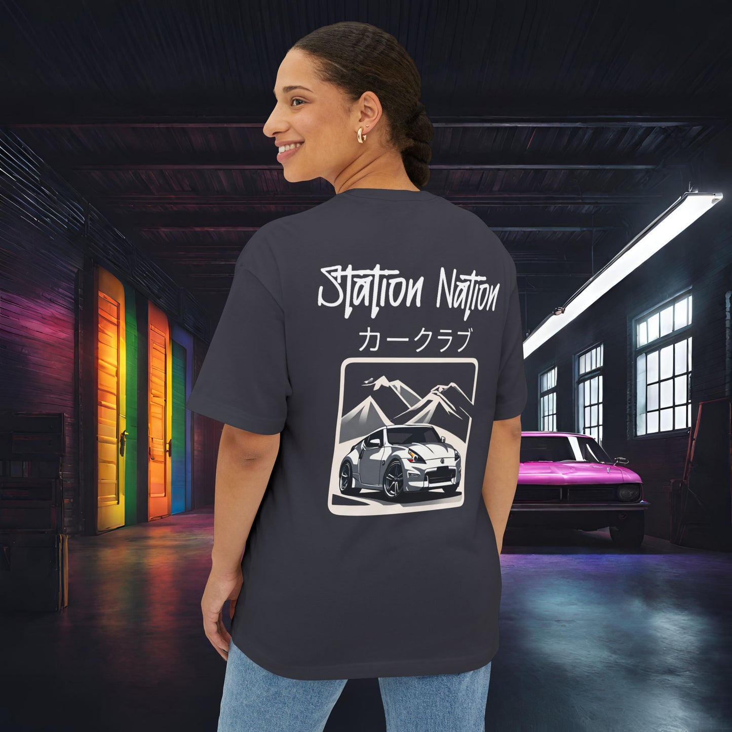 Station Nation-Premium, Ultra Soft Unisex Oversized Boxy Tee Dark Grey Printify by The Night Shift Automotive Apparel